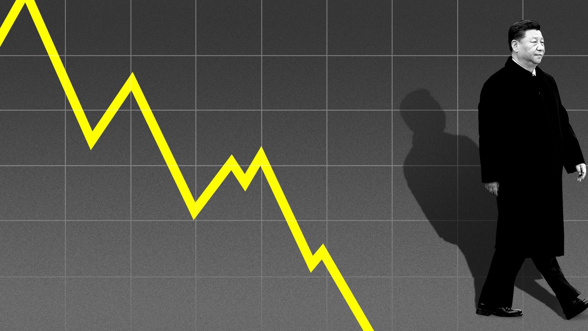 Illustration of Chinese President Xi Jinping walking away from a downward trend line on a chart