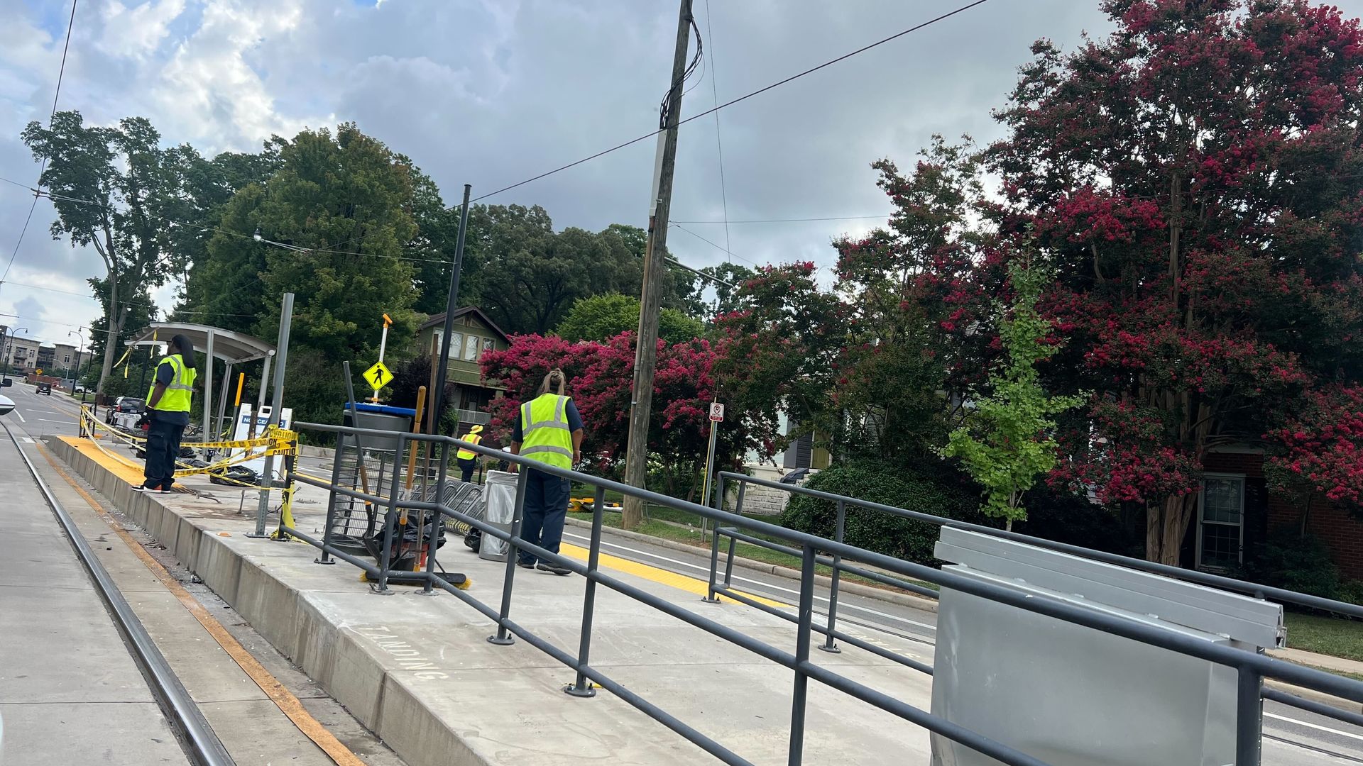 Cleanup crews assess the damage at the 8th Street Gold Line station. 