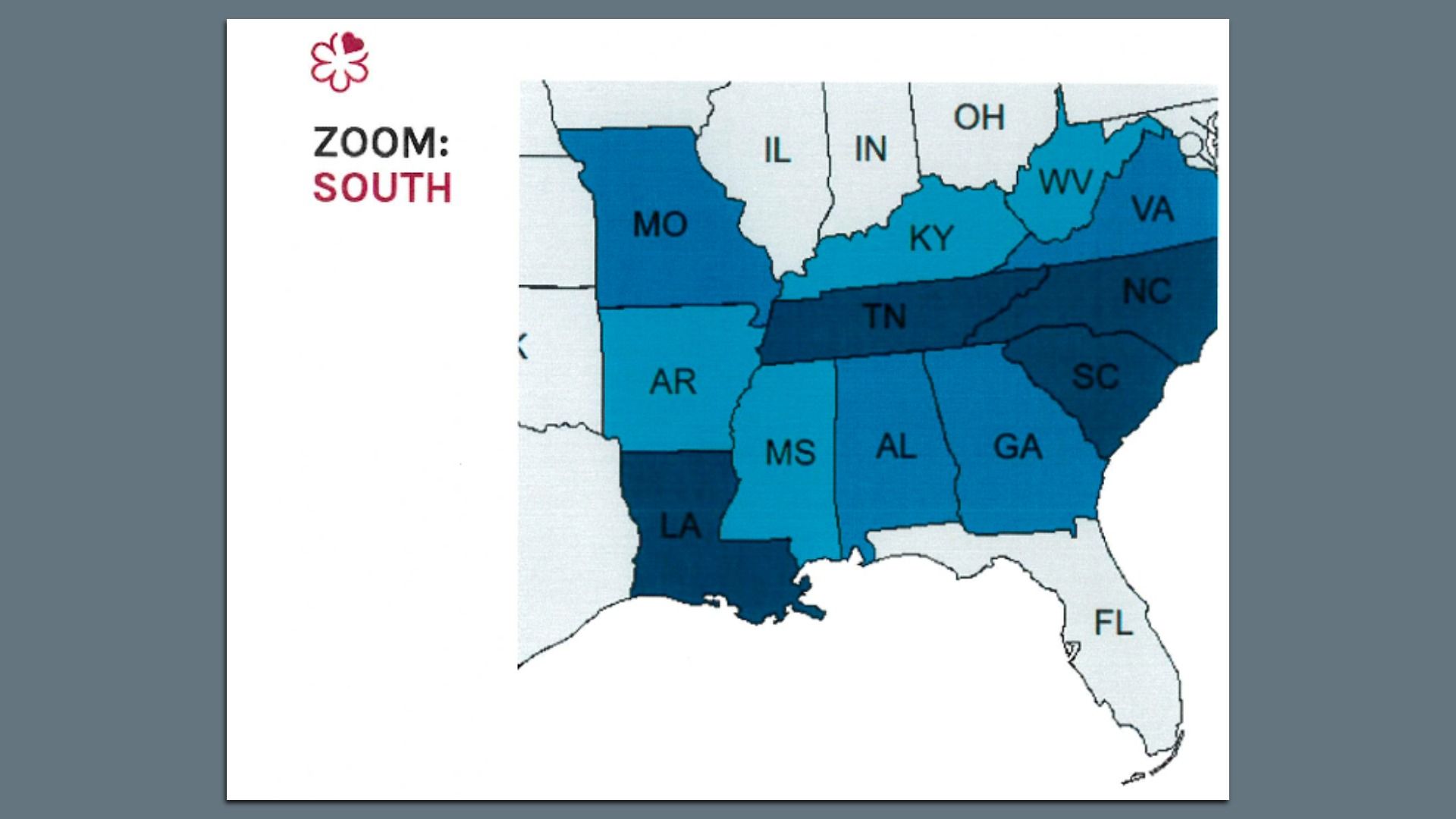 A screenshot of a slide deck that says "Zoom South" with states across the South in shades of blue.