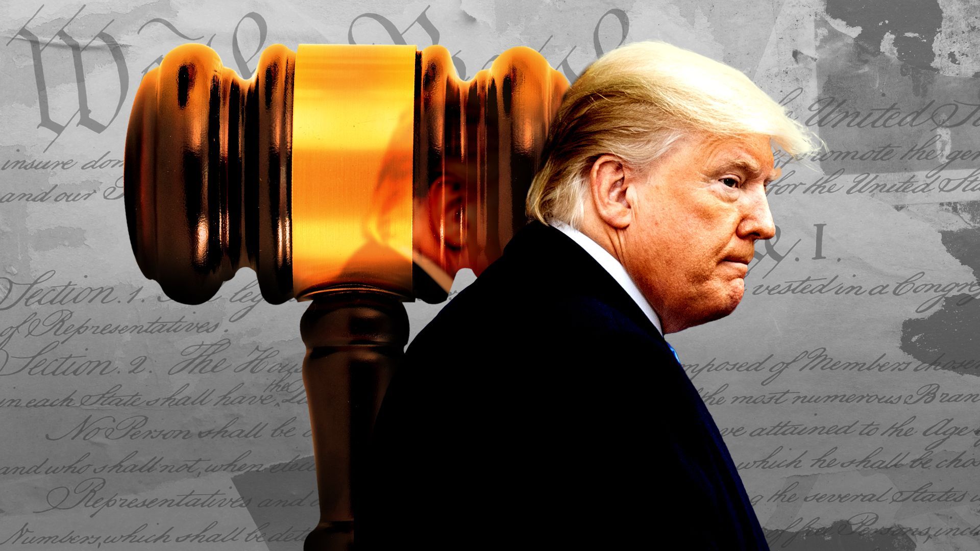 Photo illustration of President Trump with a giant gavel beside him and the Constitution in the background