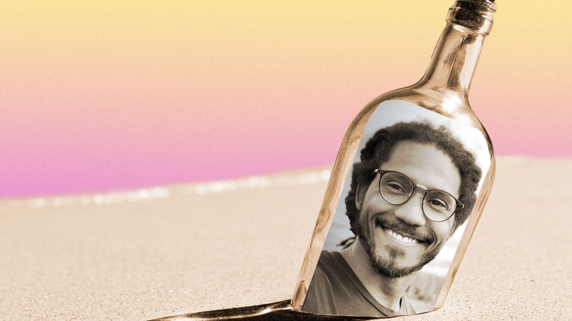 Photo illustration of Brian Batch on a bottle in the sand.
