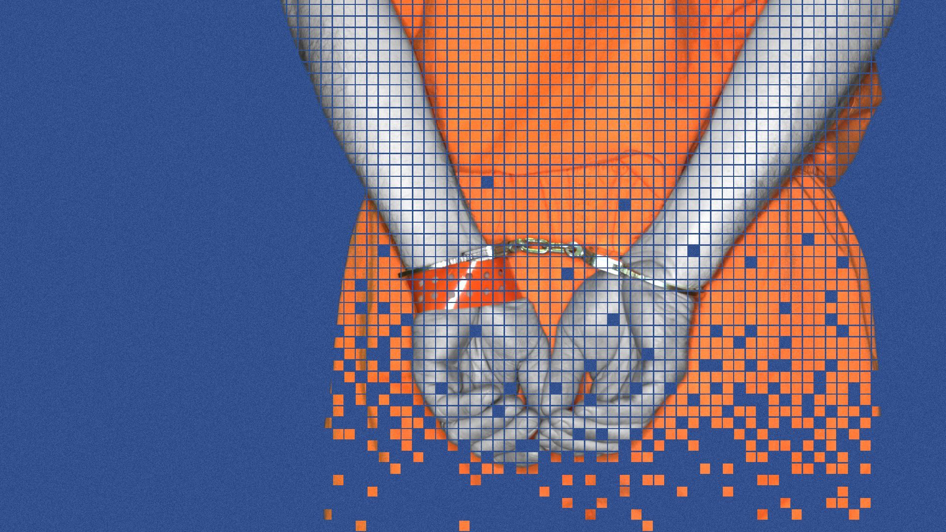 Illustration of an inmate cuffed behind his back, dissolving into pixels.