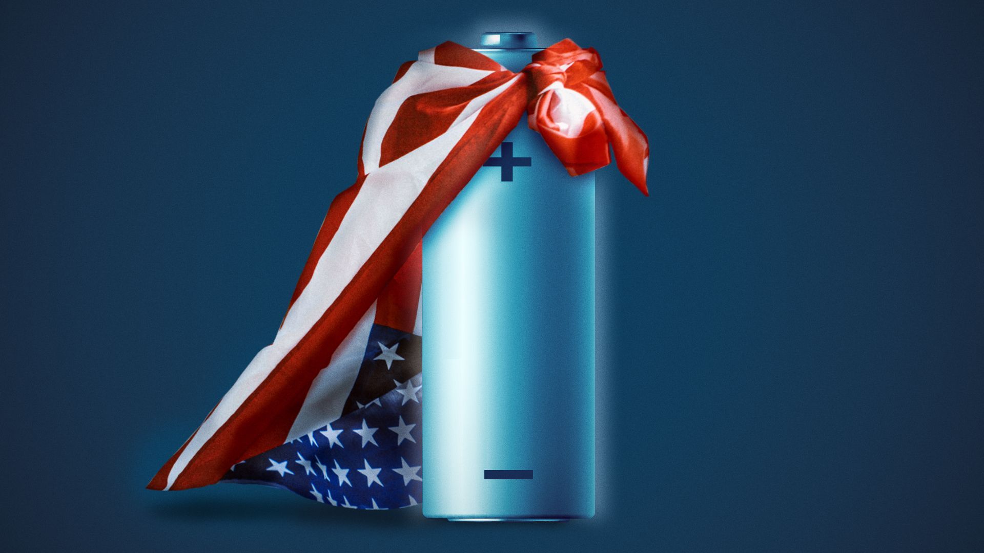 Illustration of a battery wearing a US flag as a cape.