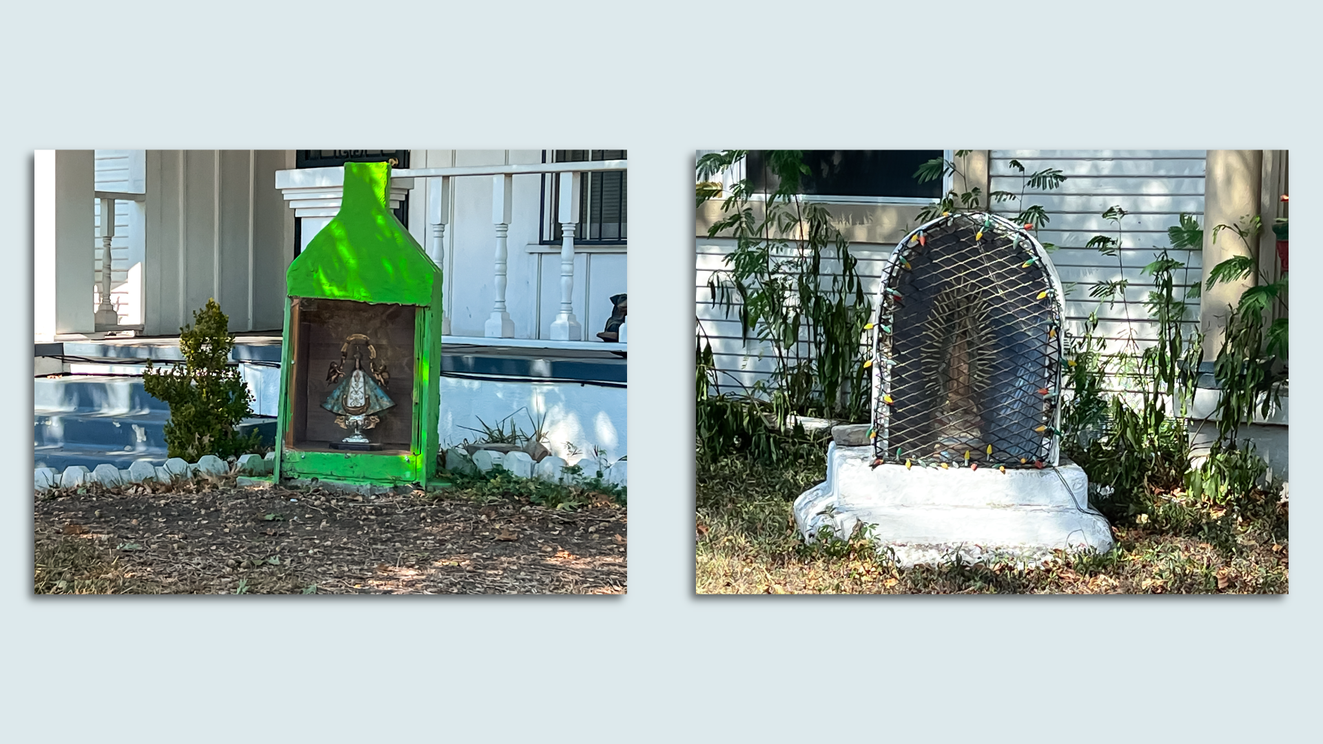 Side-by-side images of small, grotto-like shrines to house religious statues. 