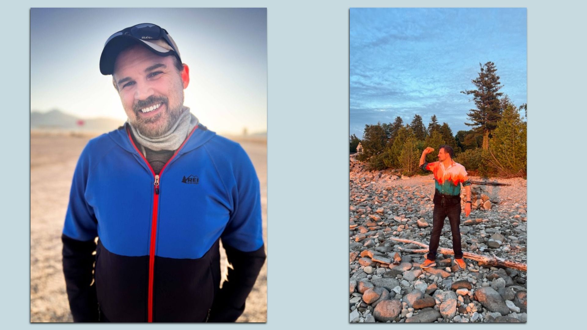 A portrait of Smith on the left. On the right, Smith on a beach with rocks and trees
