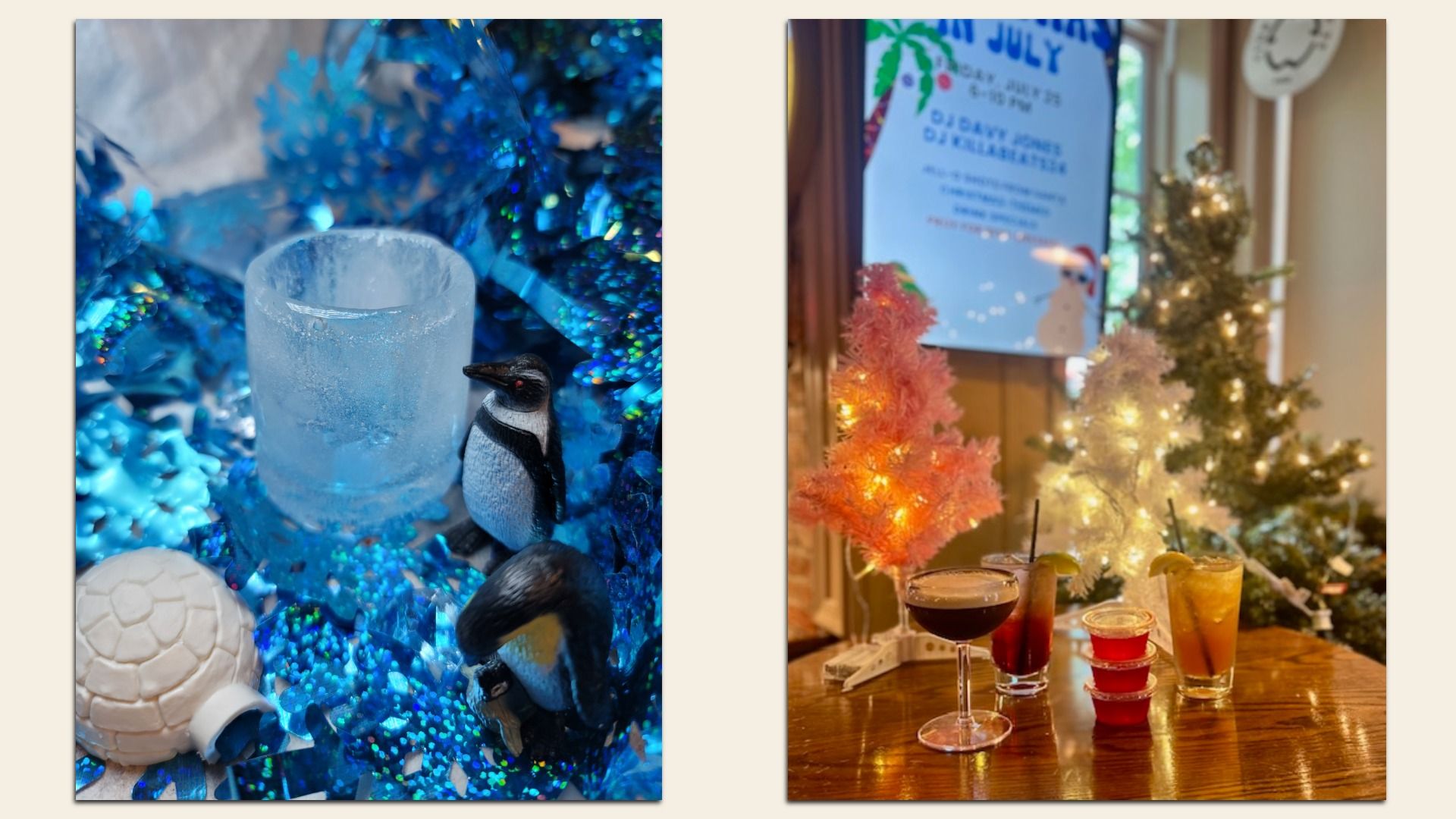 Two side-by-side images: left shows a frozen ice shot glass with blue tinsel, two small penguin figures, and a white igloo figure. Right shows festive small pink, white, and green lit Christmas trees, cocktail drinks, and a poster in background.