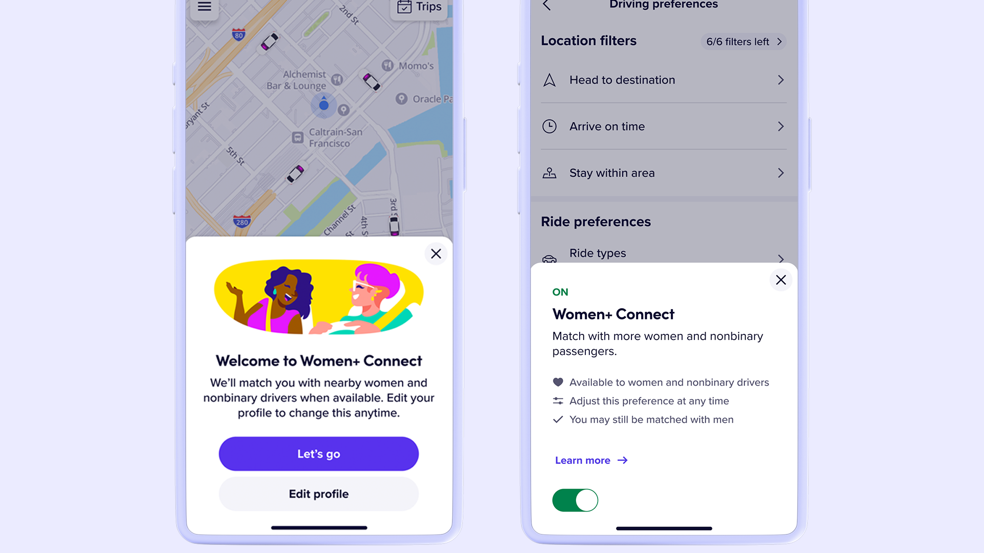 Screenshots of ride-share company Lifty's new Women+ Connect feature.
