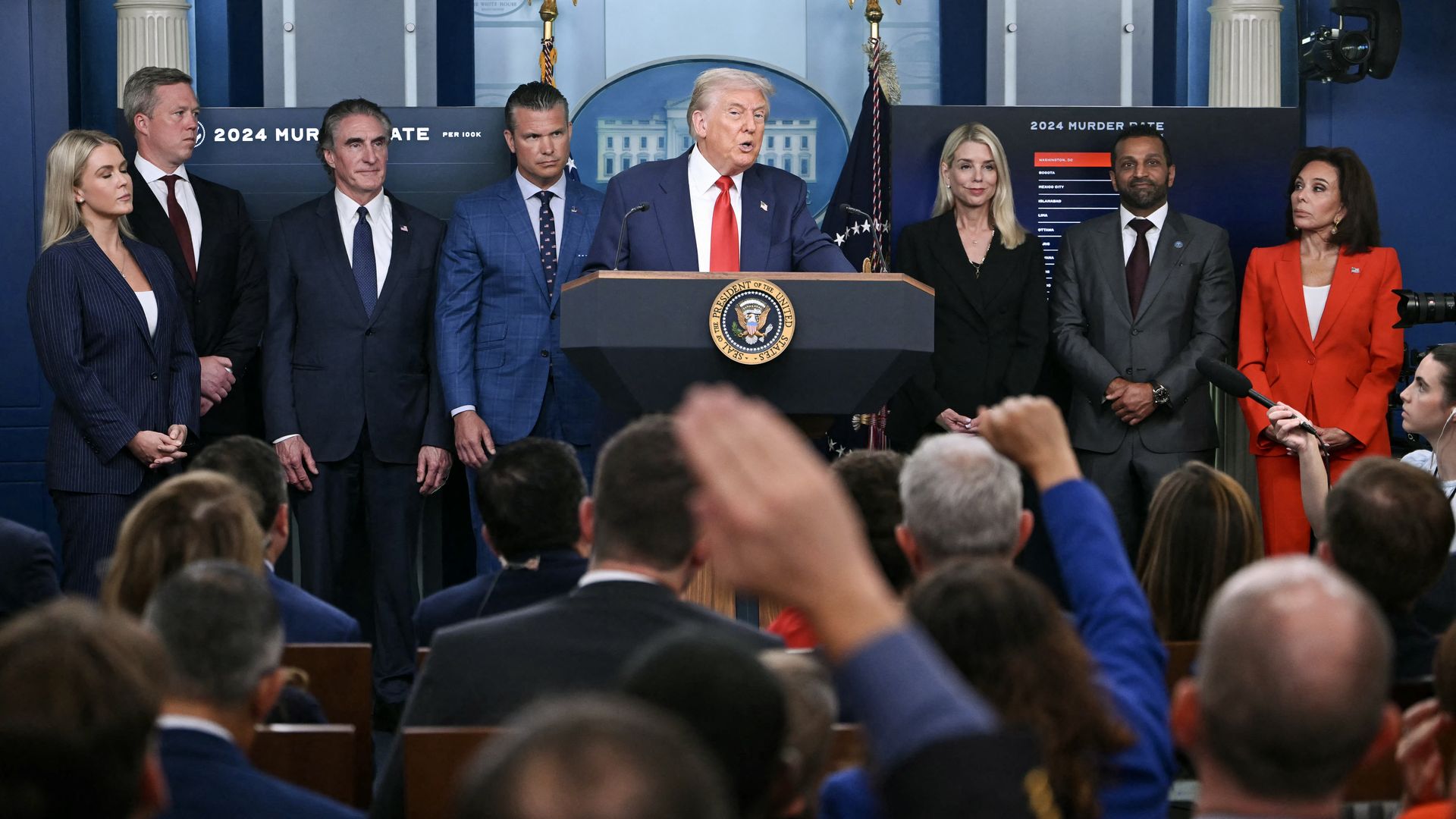 US President Donald Trump speaks during a news conference to discuss crime in Washington, DC, at the White House in Washington, DC.  Photo by ANDREW CABALLERO-REYNOLDS/AFP via Getty Images