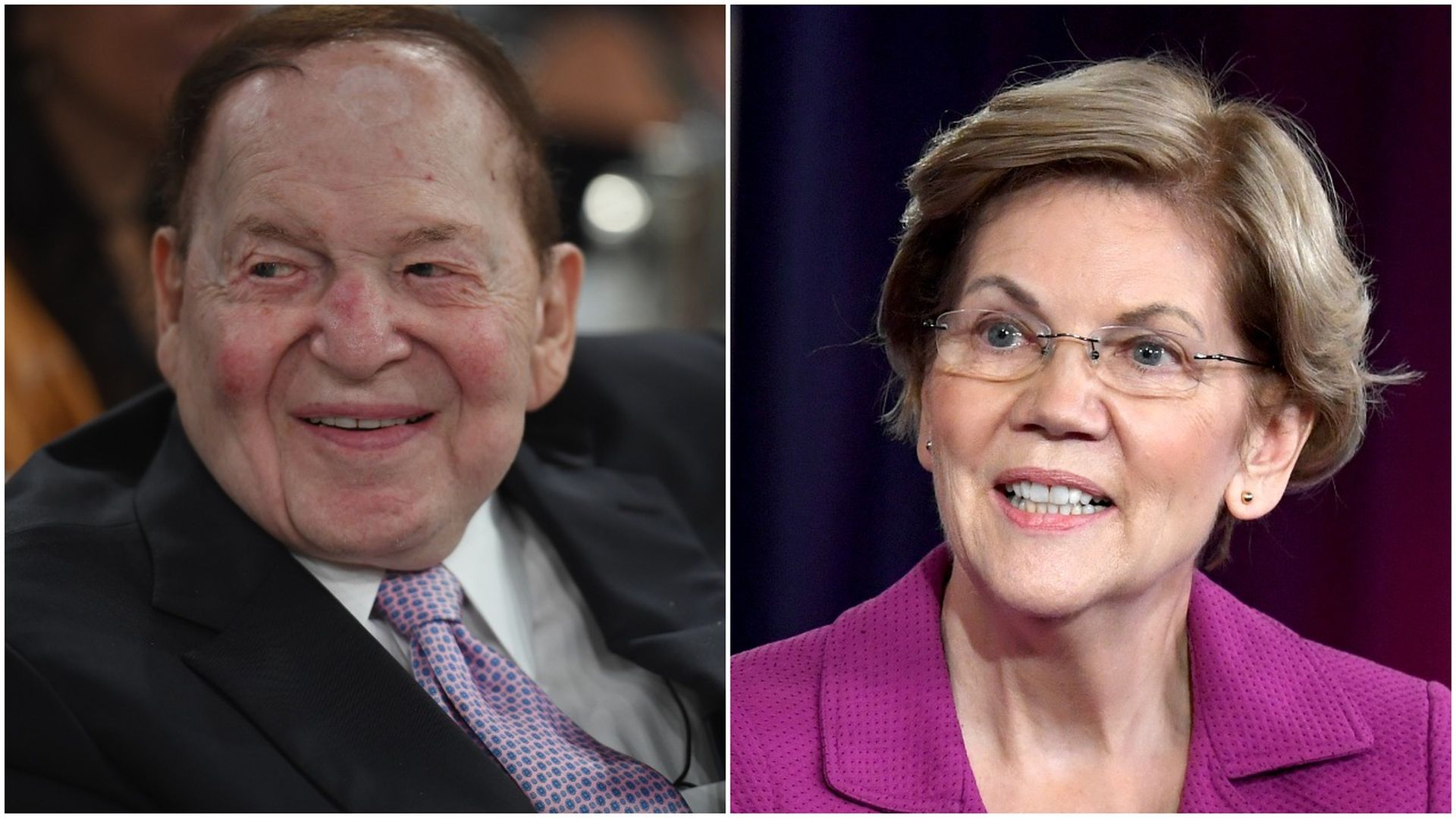 Sheldon Adelson and Elizabeth Warren in a split screen.