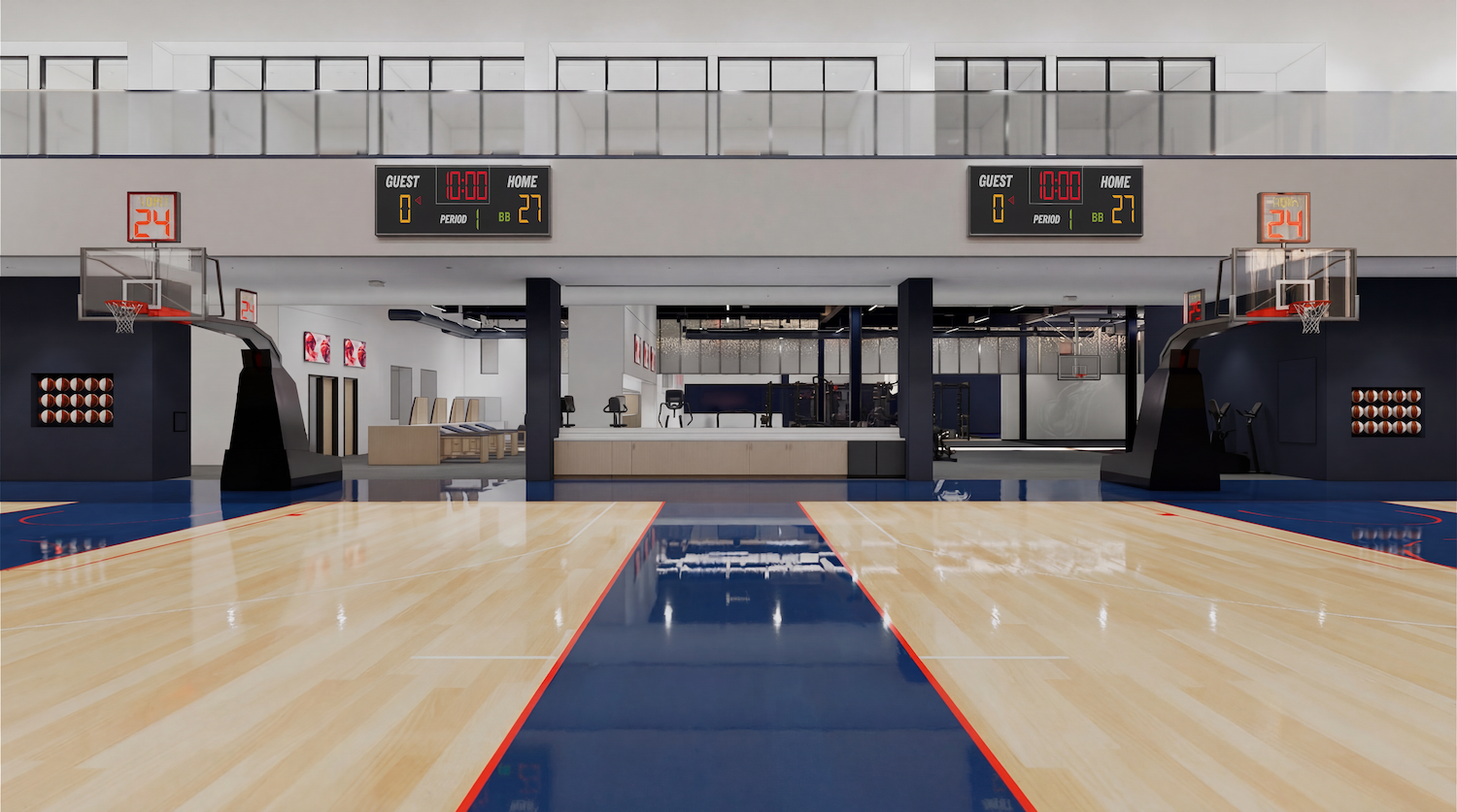 Modern indoor basketball court with a light wooden floor, blue sidelines, and red boundary lines. Two baskets sit at opposite ends; a glass-walled gym and scorer's table are behind the court.