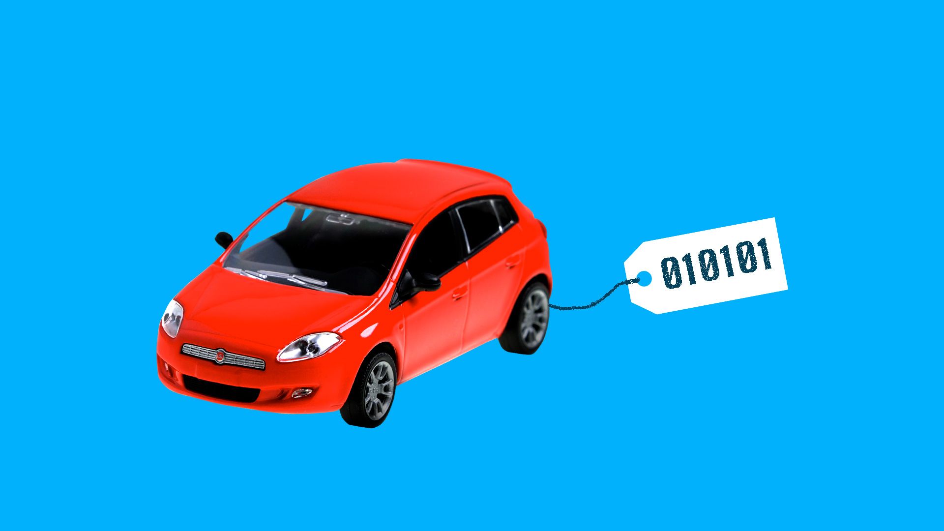 A car with a price tag bearing binary code