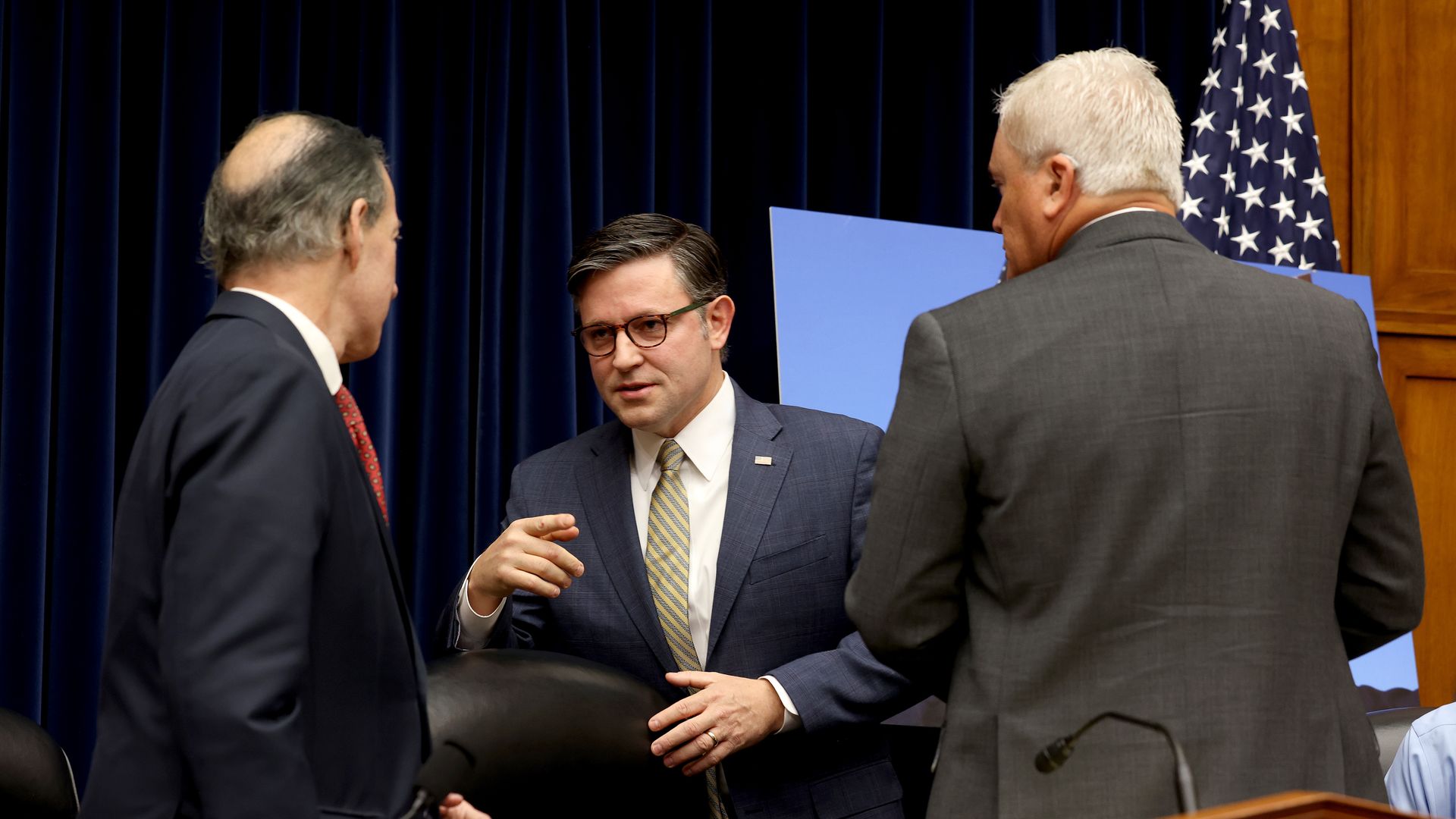 Representative Jamie Raskin, a Democrat from Maryland and ranking member of the House Oversight and Accountability Committee, from left, US House Speaker Mike Johnson, a Republican from Louisiana, and Representative James Comer, a Republican from Kentucky and chairman of the House Oversight and Acco