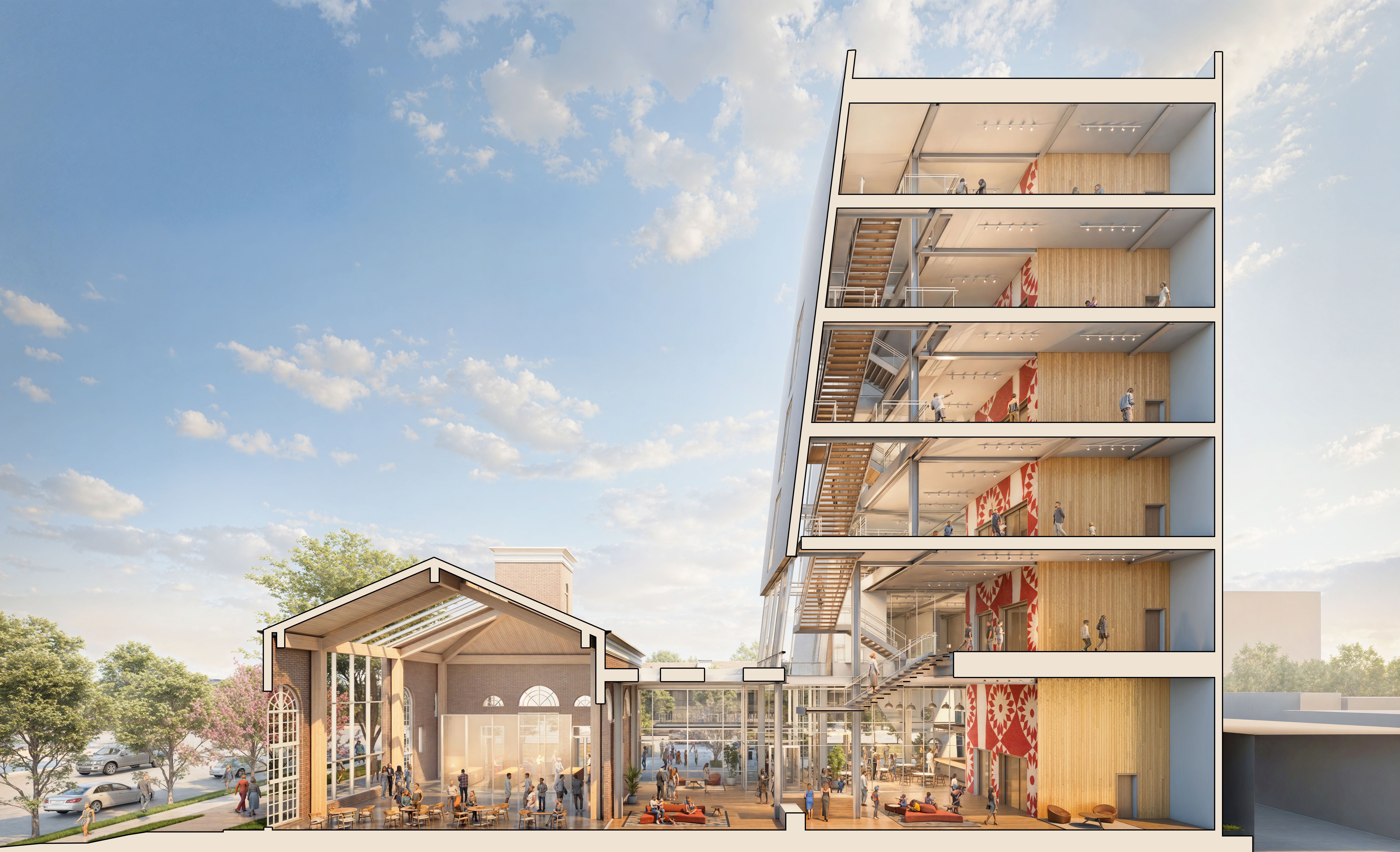 Cross-section of a modern multi-story building with wooden interior and red patterned walls, connected to a historic style single-story building with arched windows, people inside and outside.