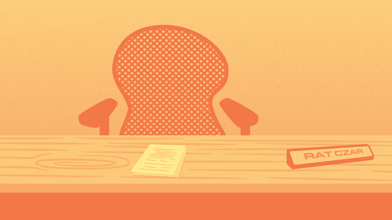 Animated illustration of a rat walking across a desk with a nameplate that says RAT CZAR.