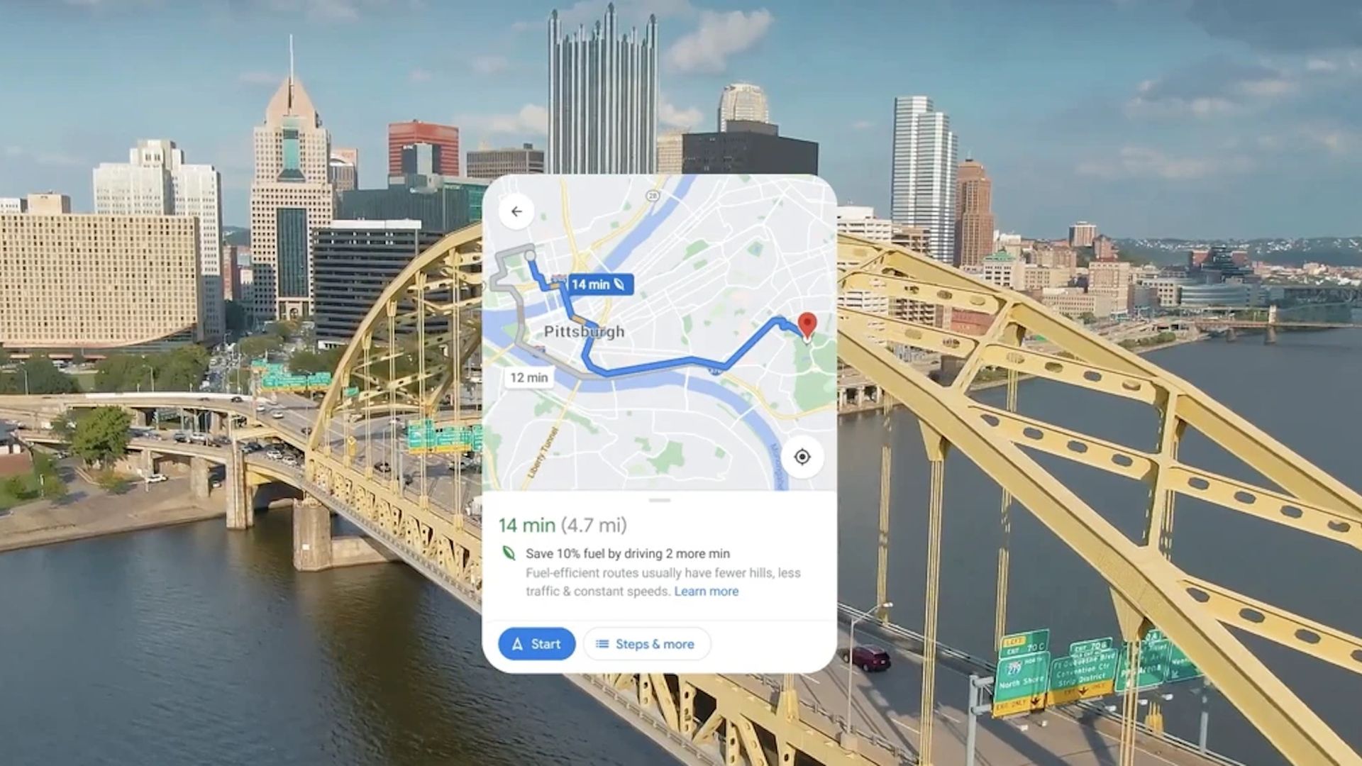 Google maps screenshot with a most efficient routing option, against the backdrop of the Pittsburgh skyline.
