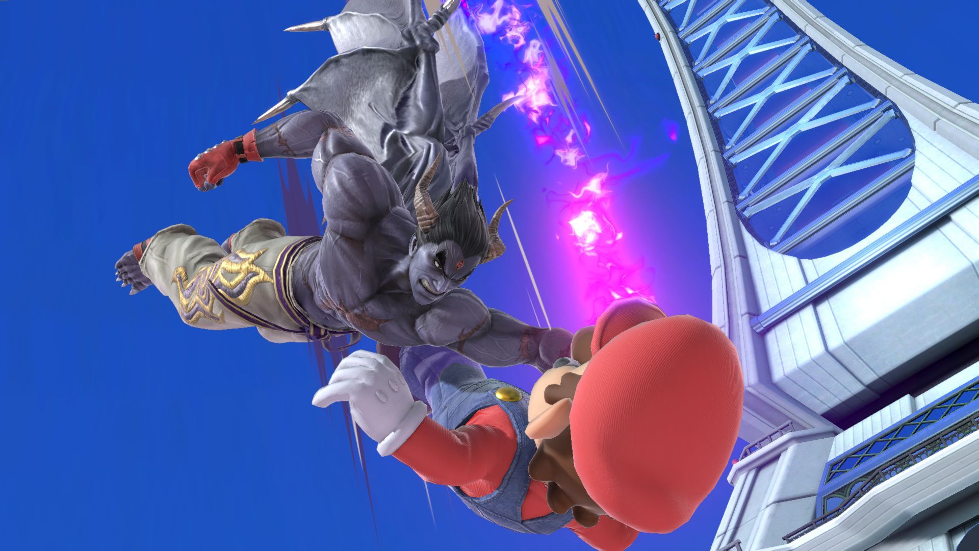 Screenshot of Bandai Namco's Kazuya Mishima attacking Nintendo's Super Mario in a scene from "Smash Bros. Ultimate."