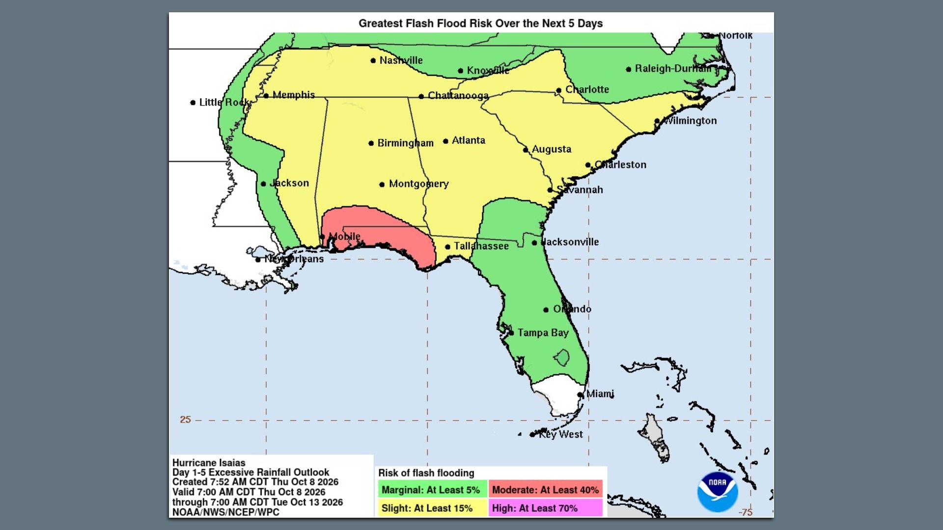 Map titled "Greatest Flash Flood Risk Over the Next 5 Days" showing yellow, green, and pink flood risk zones across the southeastern U.S., with city names such as Birmingham, Atlanta, Savannah, Jacksonville, and Mobile.