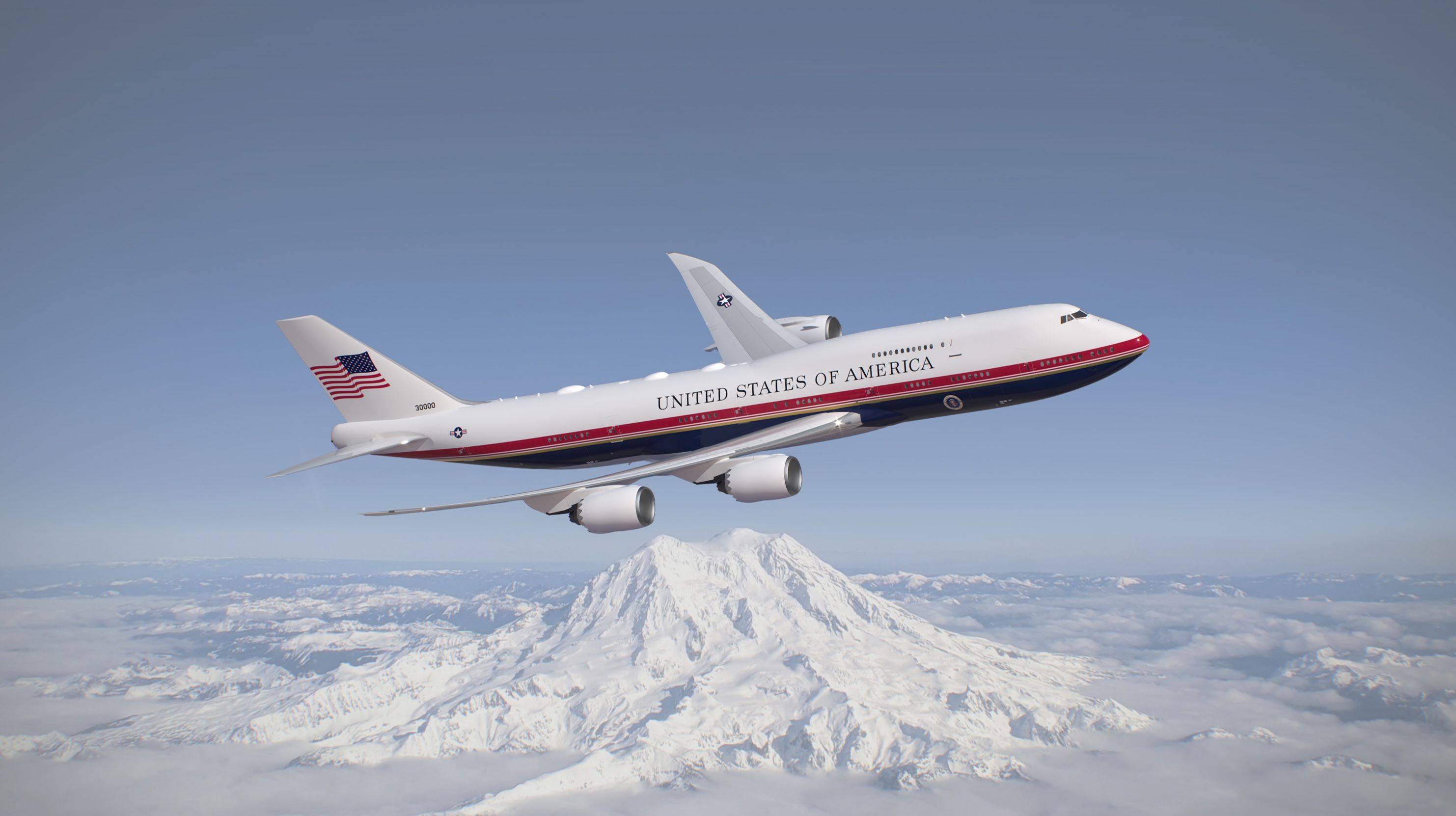 This artist rendering depicts the VC-25B in its new livery. The U.S. Air Force is implementing this red, white, gold and dark blue paint scheme for the VC-25B, 747-8i as well as the executive airlift fleet, which includes four C-32 aircraft.