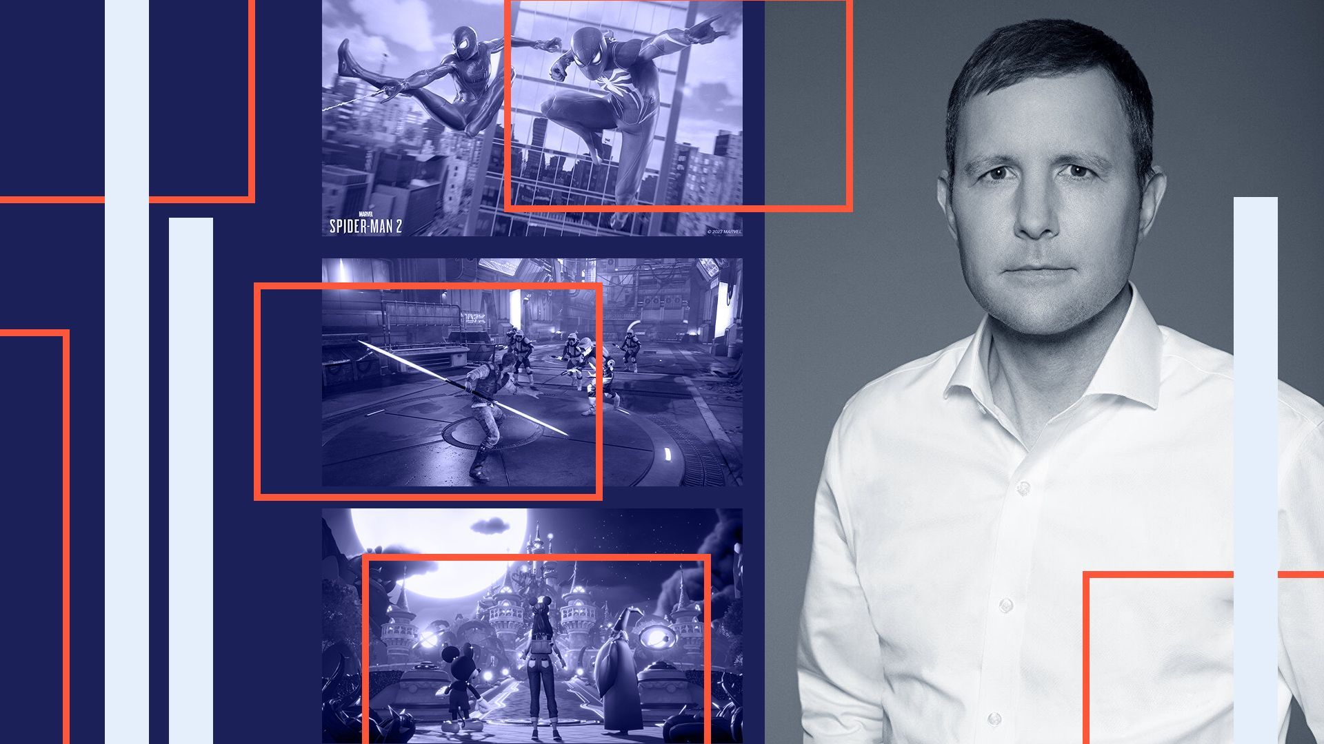 Photo illustration of Sean Shoptaw surrounded by abstract shapes and screenshots of Spiderman, Dreamlight Valley and Star Wars Jedi Survivor.