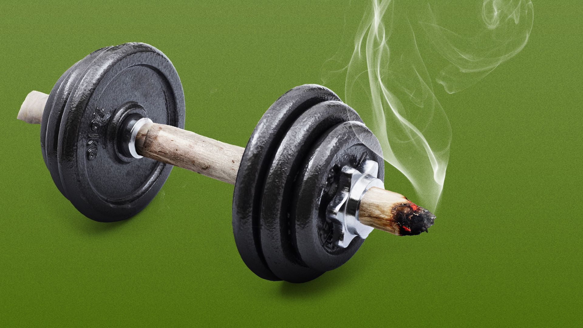 Illustration of dumbells with a marijuana joint as the handle.