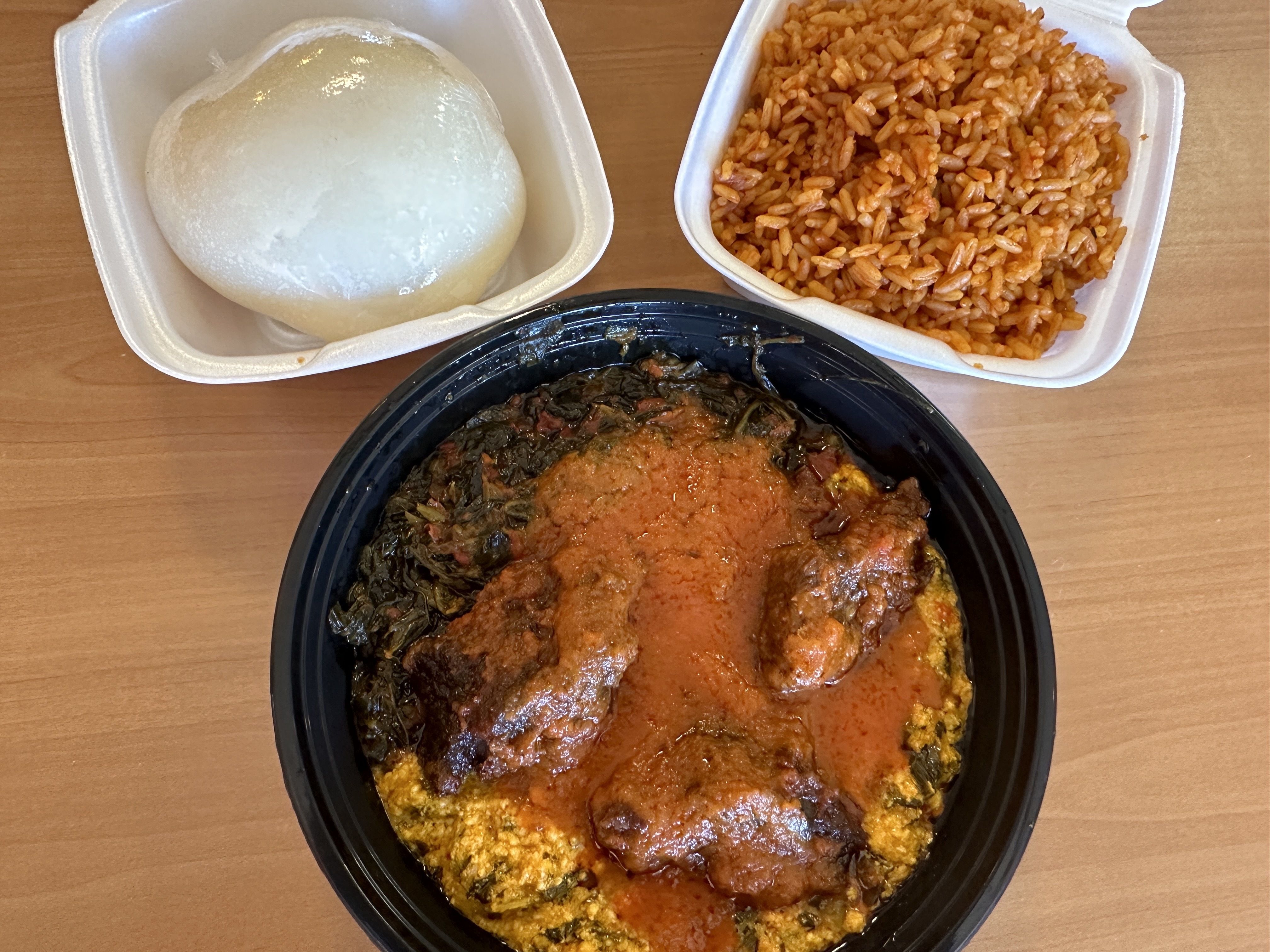 three dishes from above: rice, chicken and mozzarella cheese