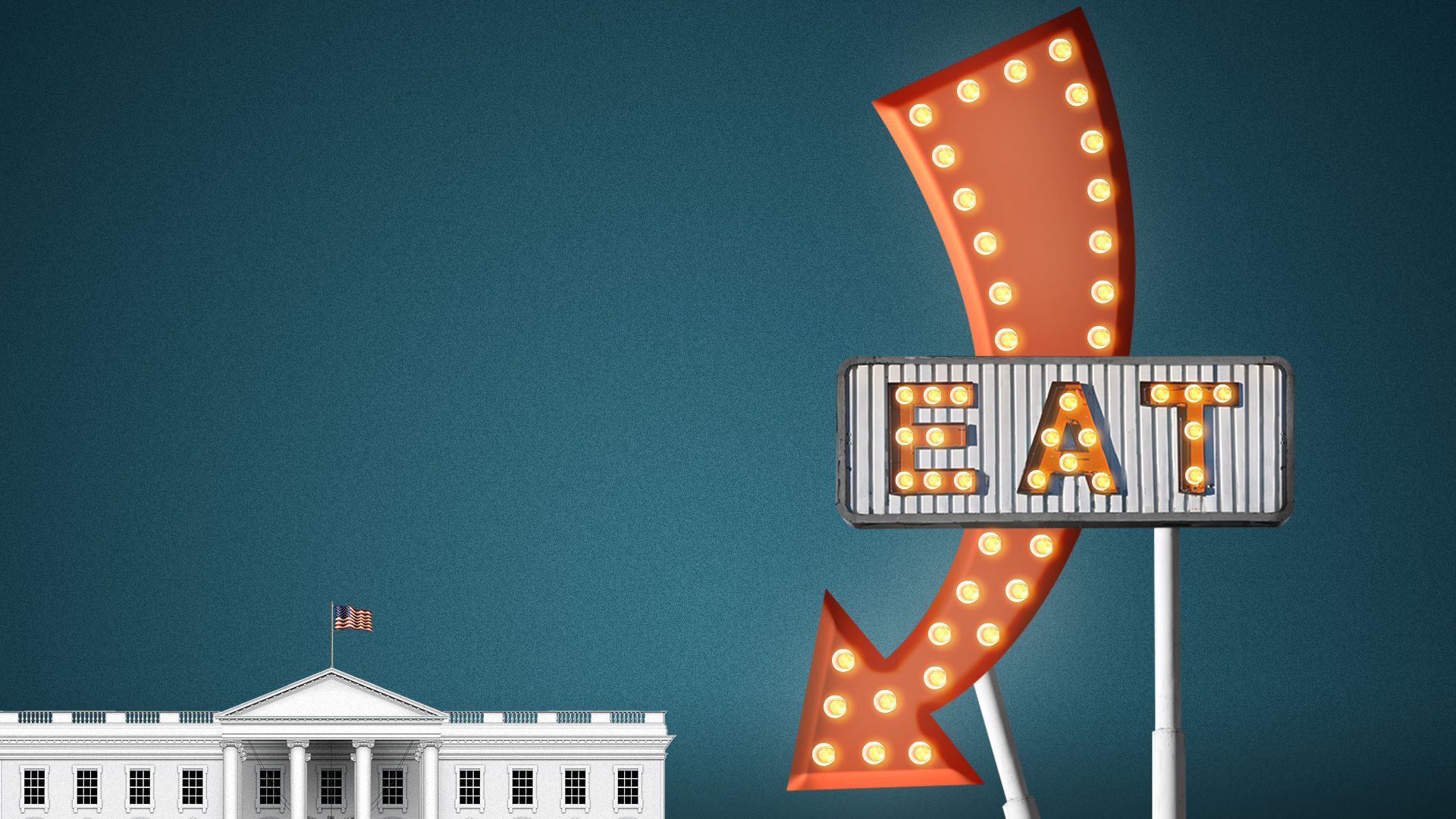 Illustration of a giant neon road sign over The White House in the shape of an arrow that reads, "Eat" in big letters. 