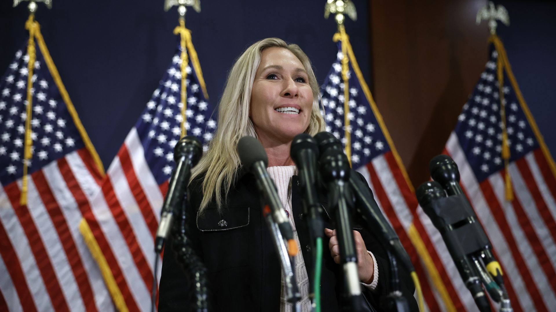 Rep. Marjorie Taylor Greene (R-GA) talks to reporters about her support for House Minority Leader Kevin McCarthy (R-CA) following House Republican Conference.