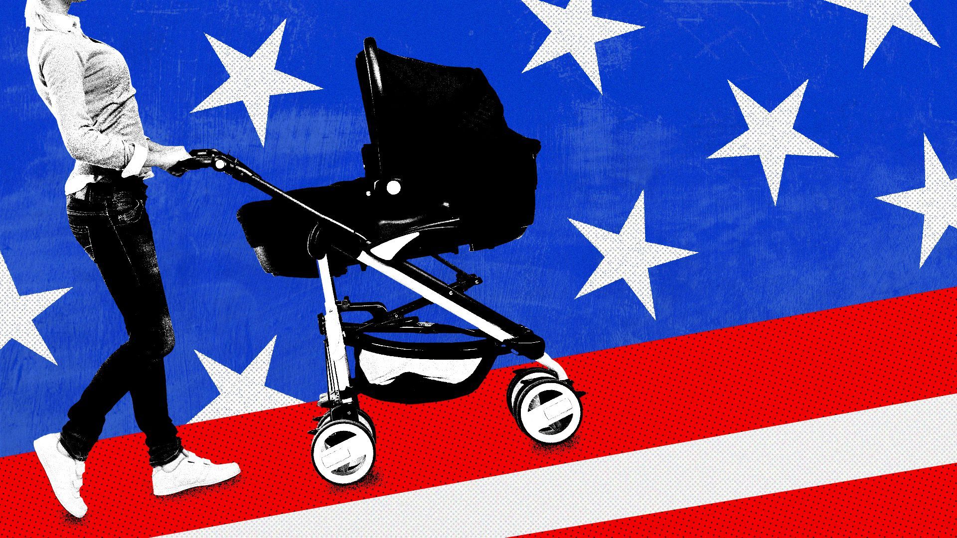 Illustration of a mom pushing a baby stroller up the stripes of the US flag.