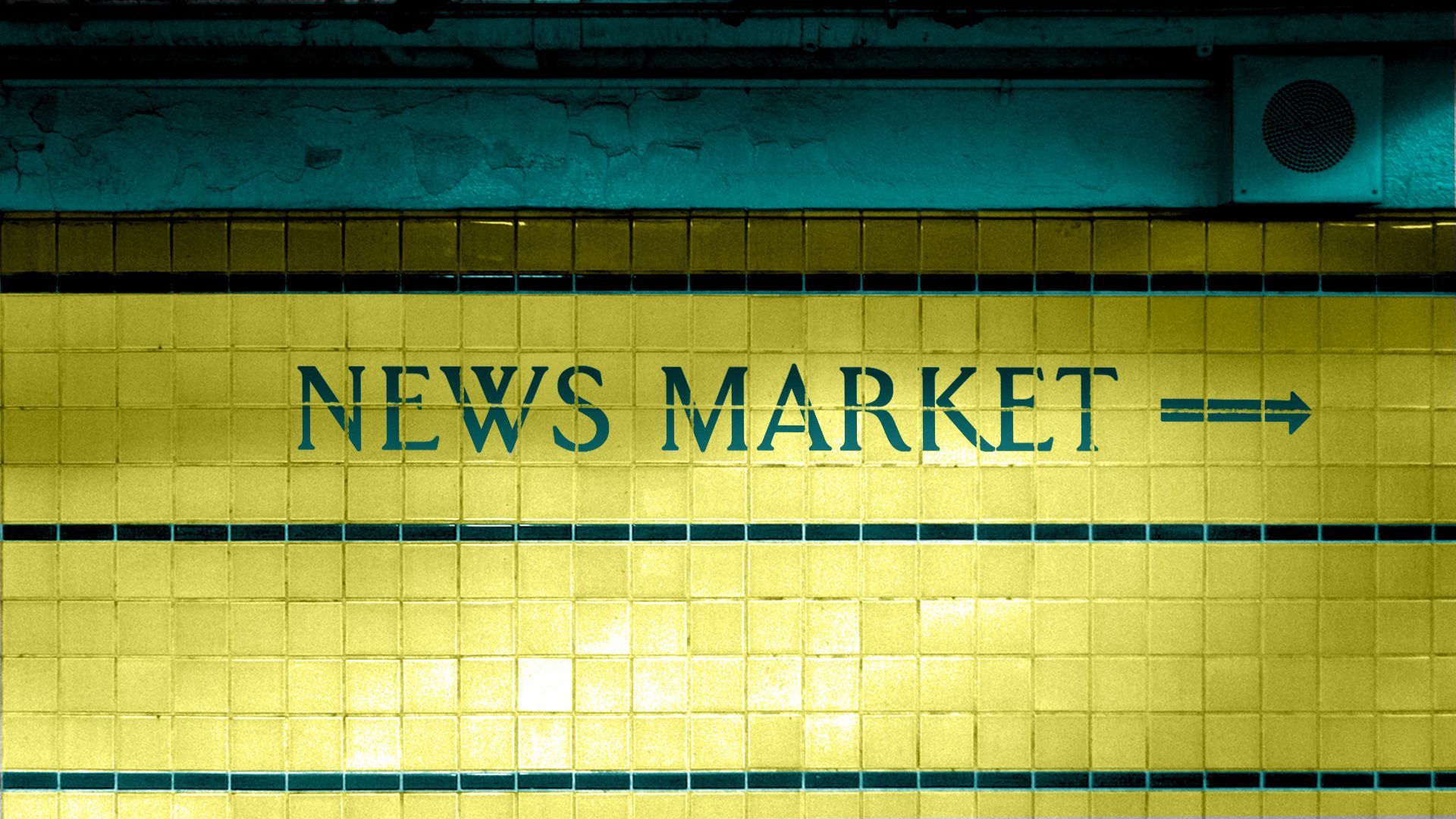 Illustration of a Philadelphia subway station tile wall with lettering reading News Market.