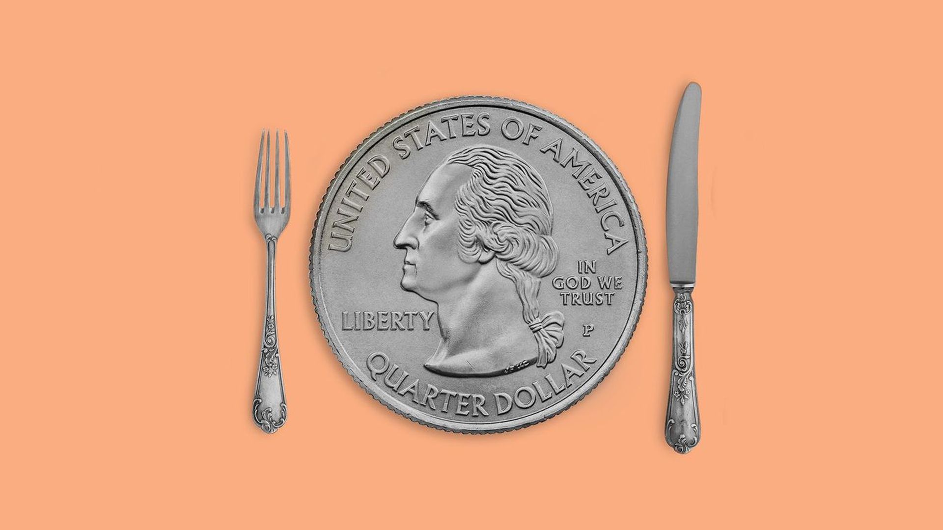 an illustration of a quarter styled like a dinner plate with a fork and knife