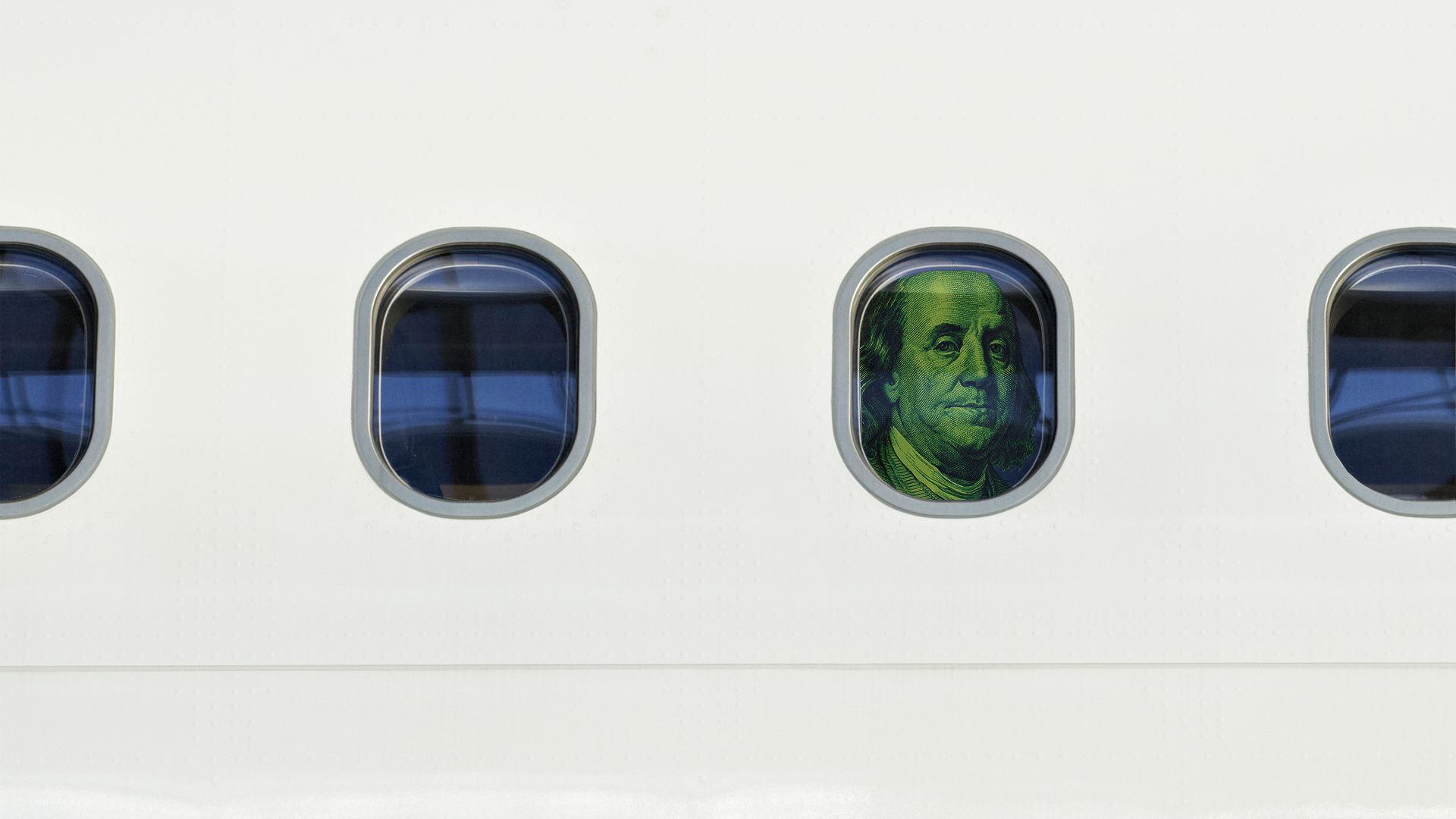 Illustration of an $100 bill looking out of an airplane window.