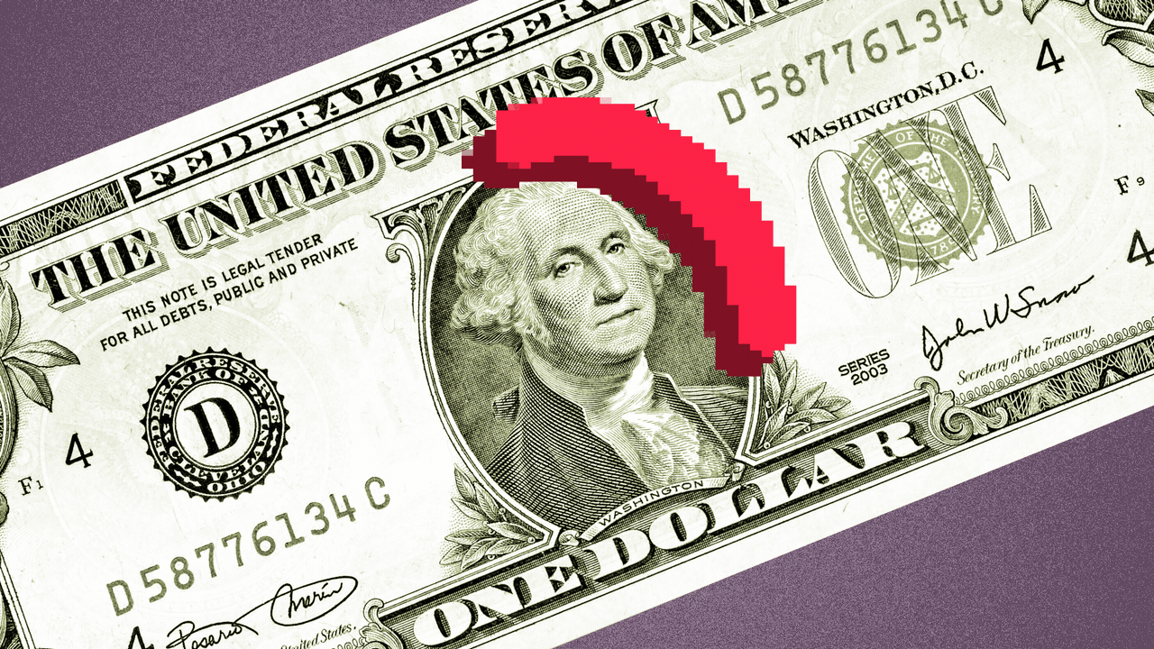 Illustration of a dollar bill with a pixelated no symbol being drawn over George Washington. 