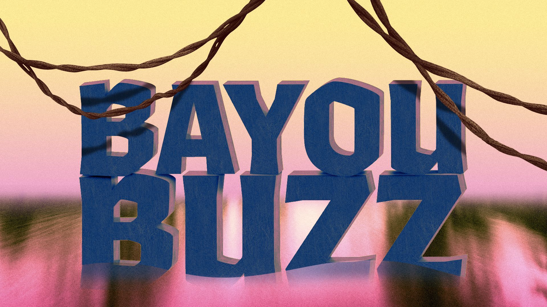 Illustration of "Bayou Buzz" 3D text surrounded by water and vines.