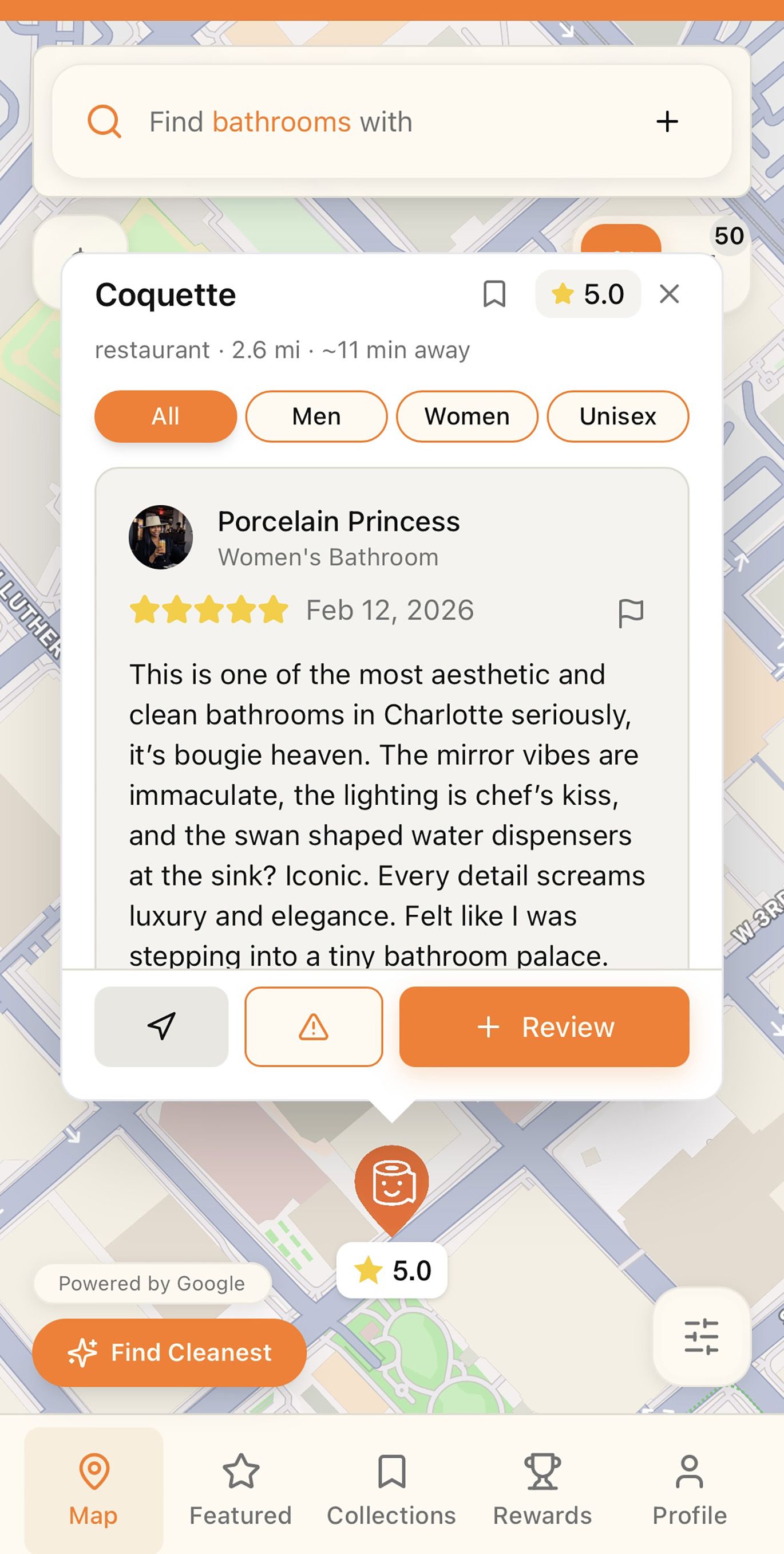 Map app UI: search bar reads "Find bathrooms with". Popup for Coquette with distance, tabs All/Men/Women/Unisex, and "Porcelain Princess" Women's Bathroom review with 5 stars on a map.