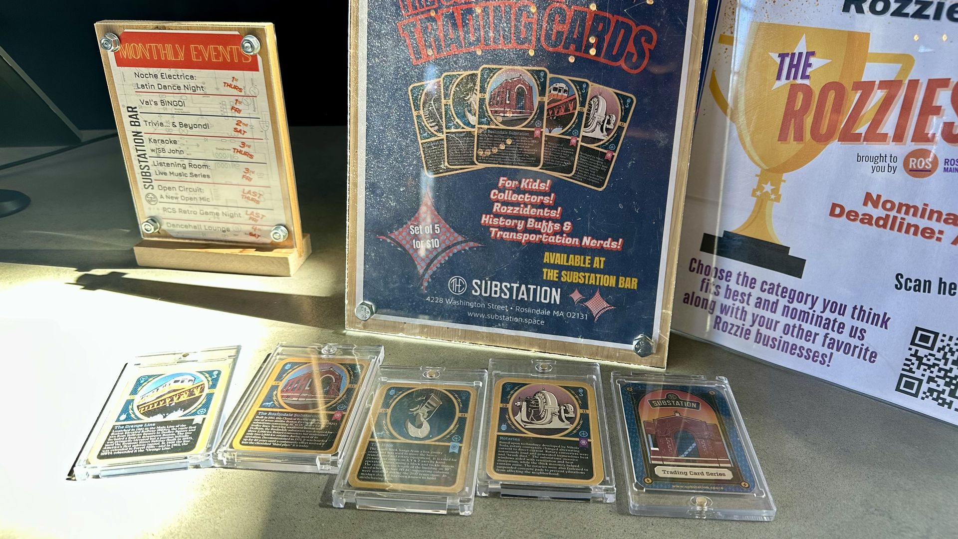A display for the Substation's new trading cards and five cards in clear display cases, from left: The Orange Line, the Substation, the Hook on the ceiling, the rotaries and the title card, "The Substation Trading Card Series" at the space in Roslindale.