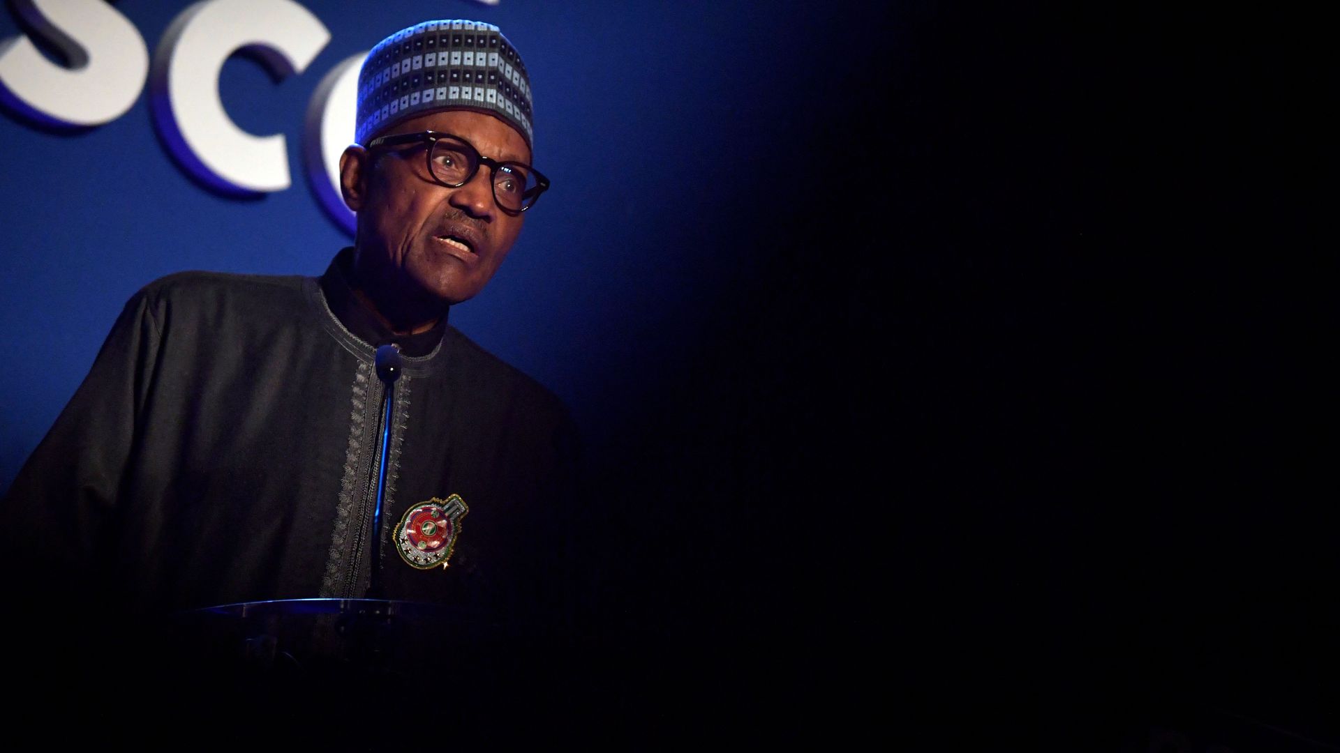 Nigeria's President Muhammadu Buhari gives a speech at UNESCO headquarters in Paris.