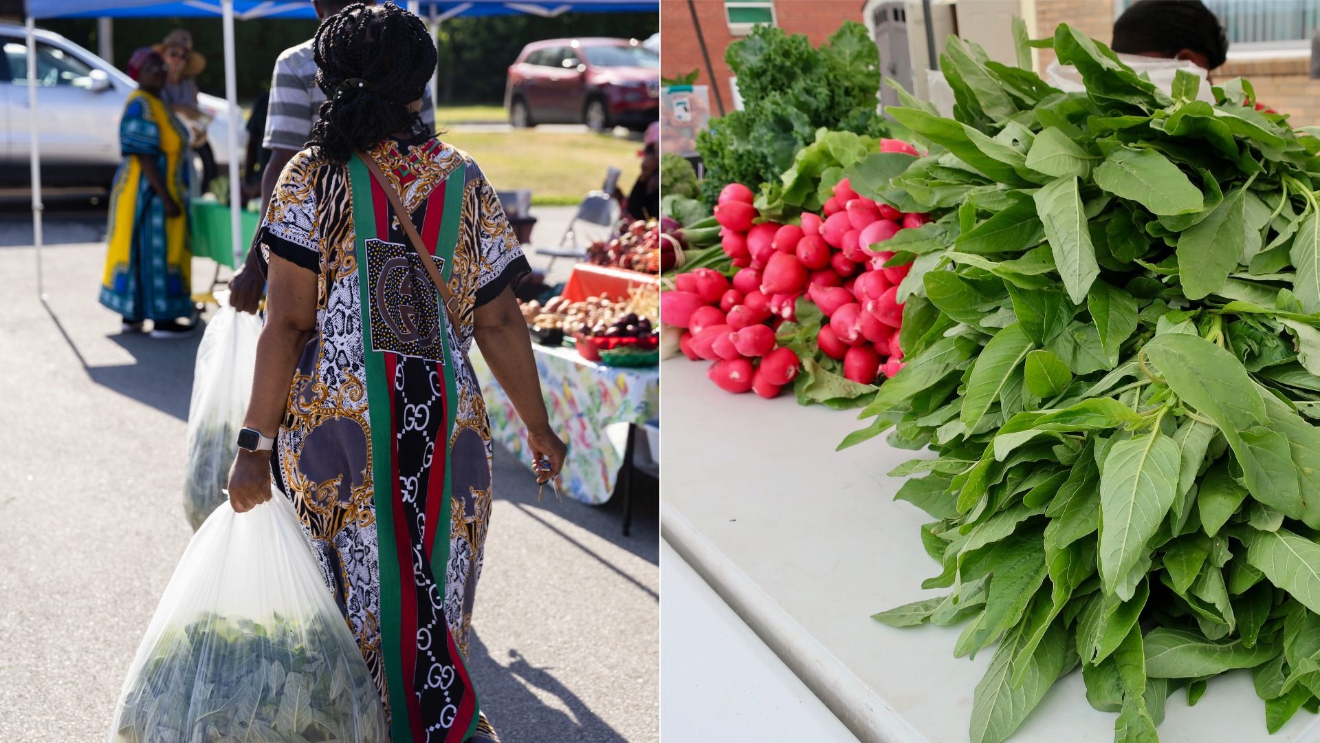 Woman in colorful dress carrying a large bag of leafy greens at an outdoor market; next to image shows fresh bunches of radishes and leafy greens on a table.