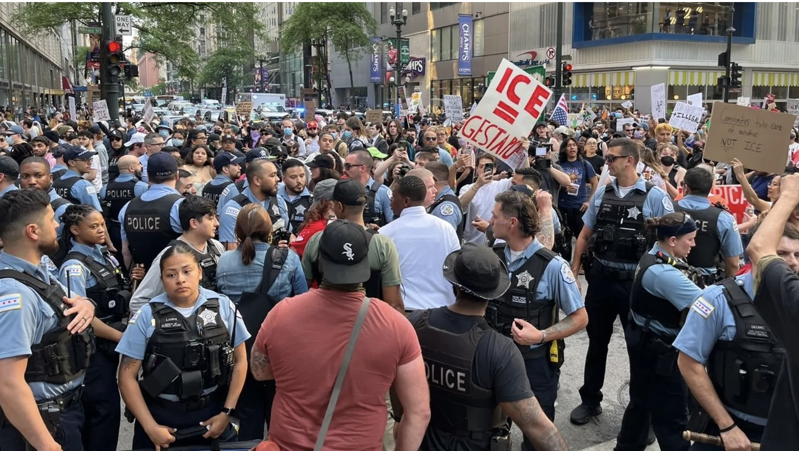 Protesters and police converge on a Chicago street on Tuesday night. 