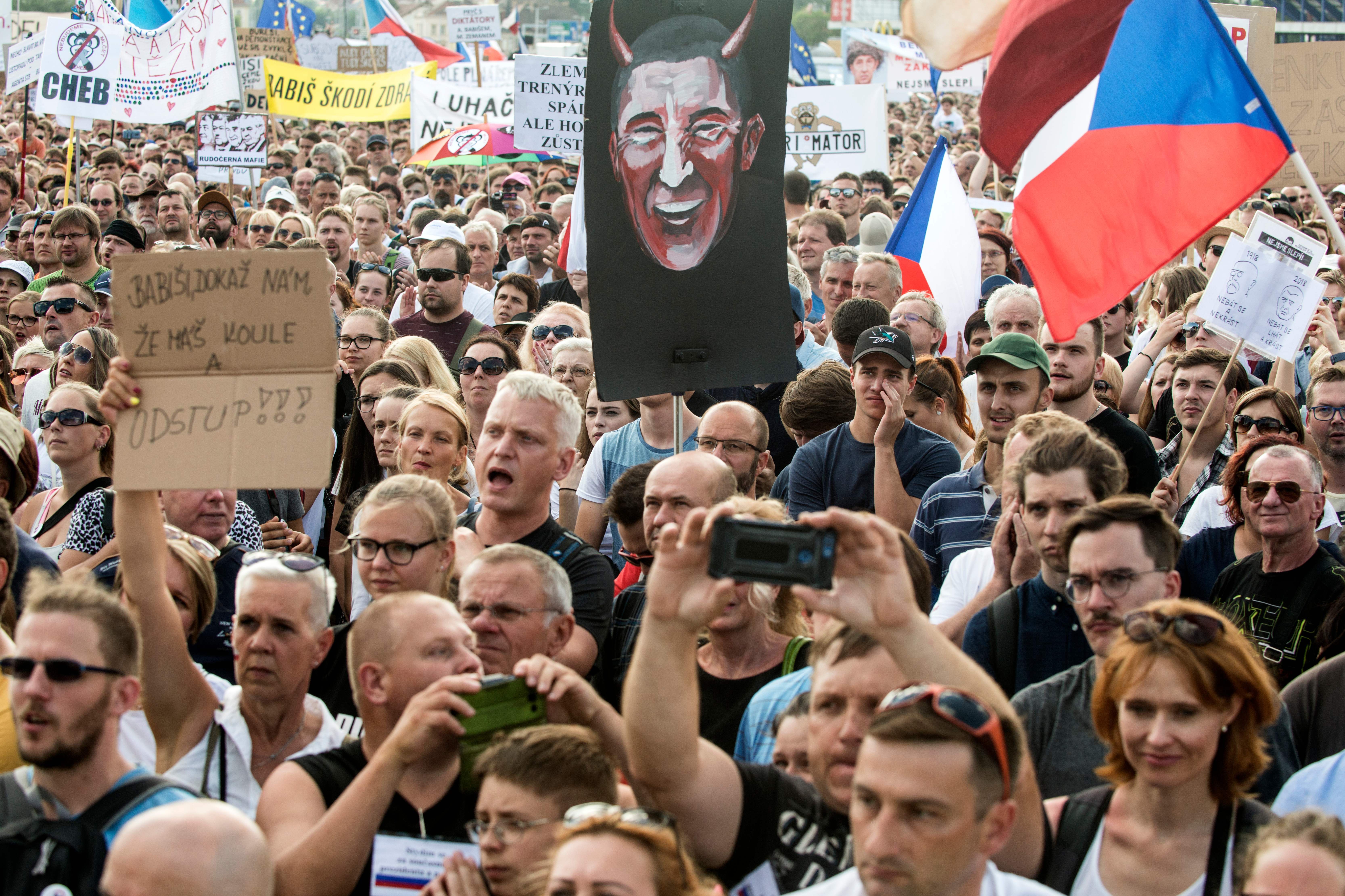 Protesters attend a rally demanding the resignation of Czech Prime Minister Andrej Babis on June 23.
