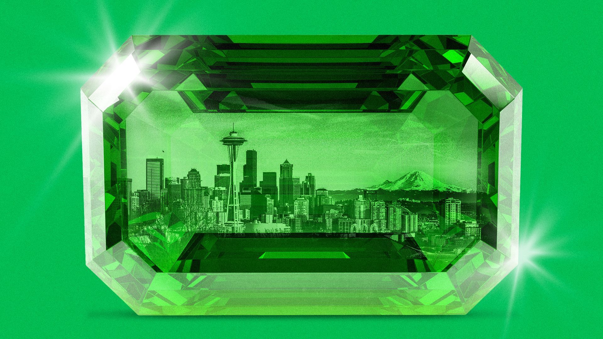 Illustration of the Seattle skyline within an emerald.