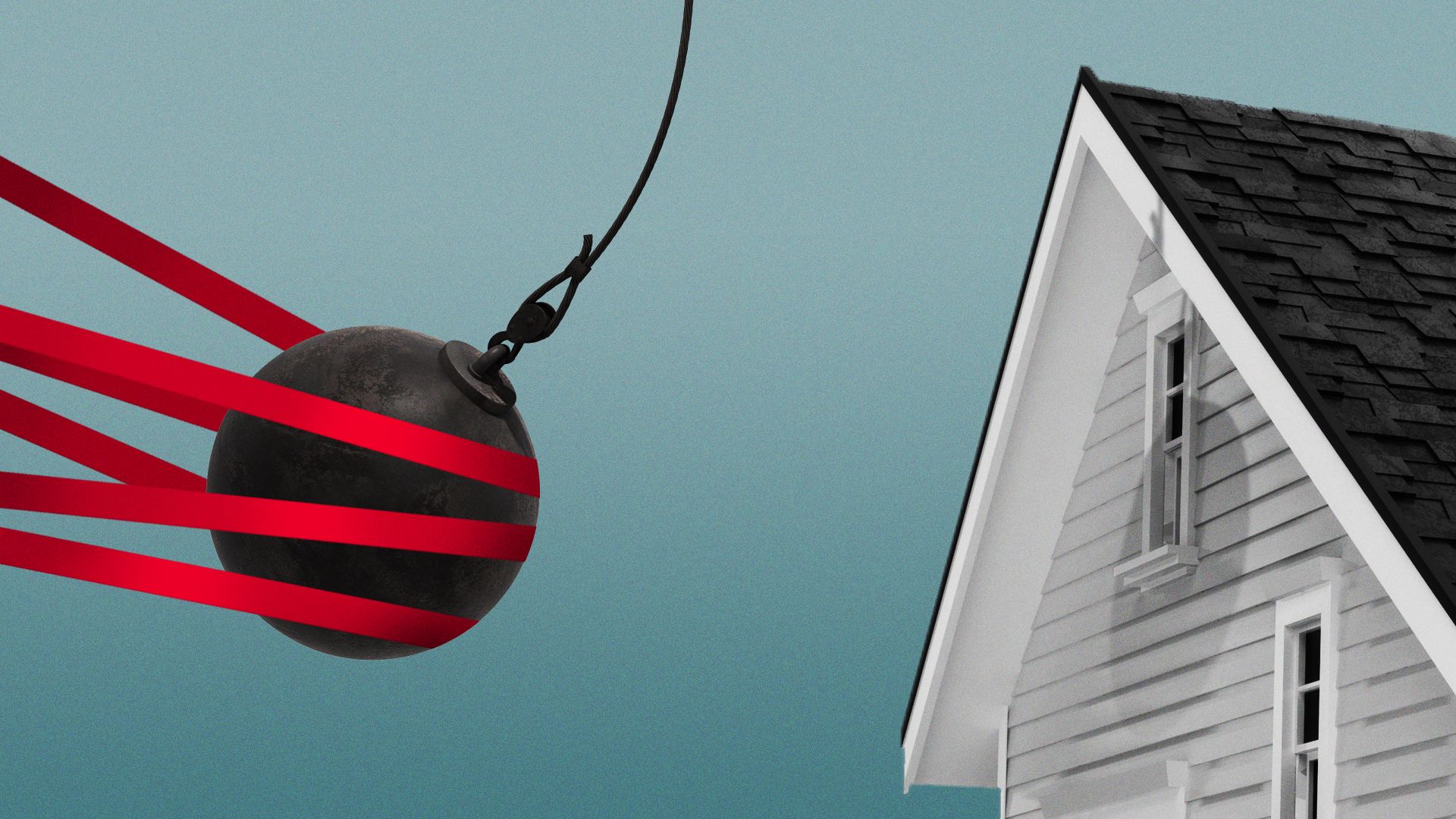 Illustration of a wrecking ball being held back by red tape from crashing into a house.