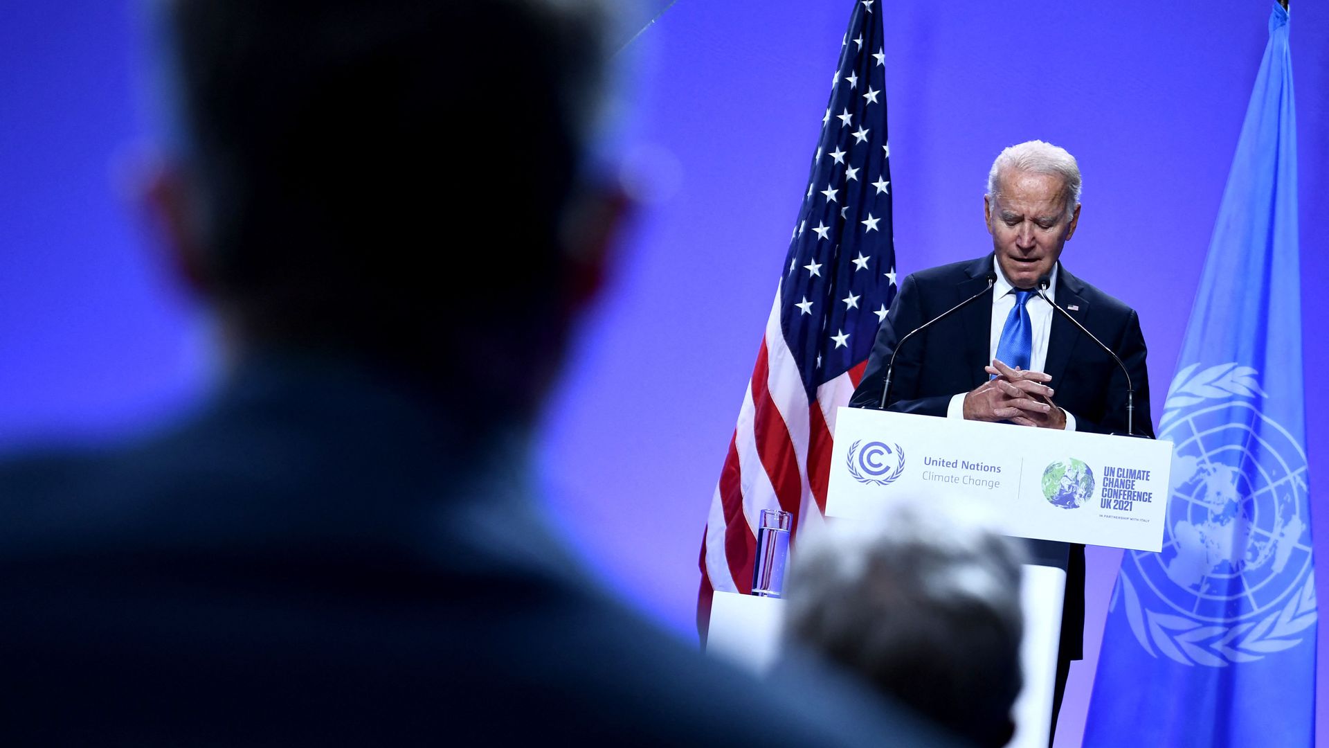 President Biden is seen speaking during a news conference on Tuesday.
