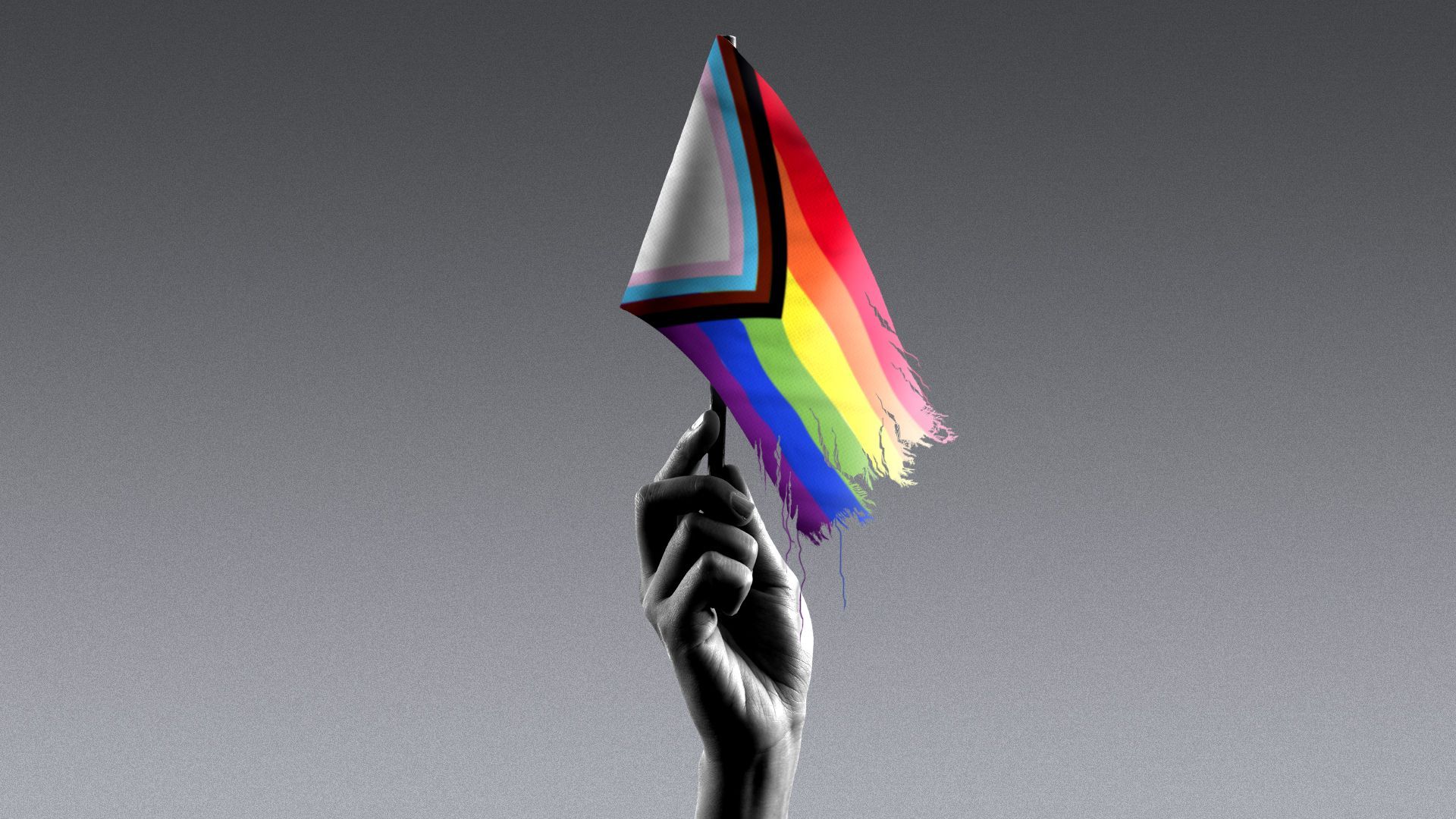 Illustration of a hand holding a LGBTQ+ flag in tatters 