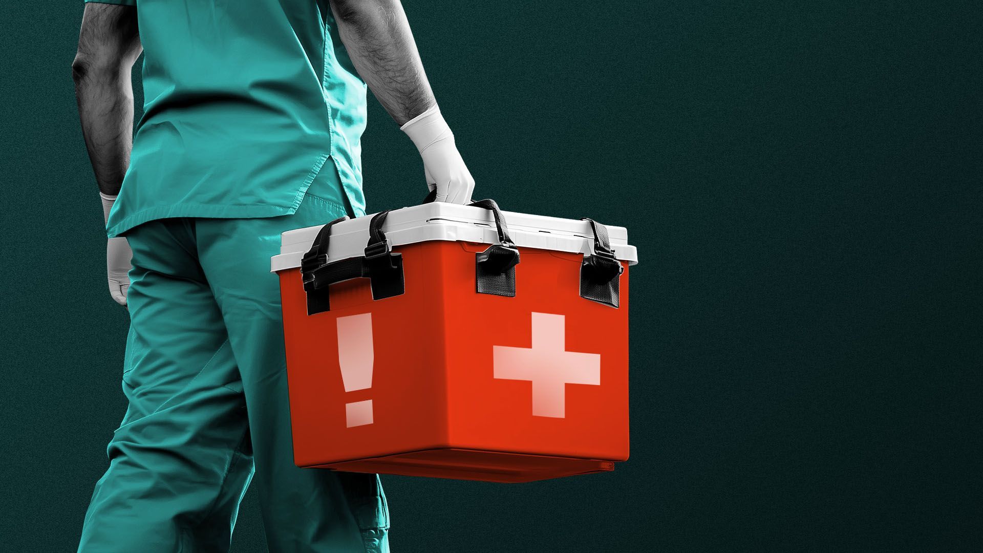 An illustration of a person in teal medical scrubs and white gloves holding a red emergency medical cooler with white cross and exclamation mark on the side against a dark background.