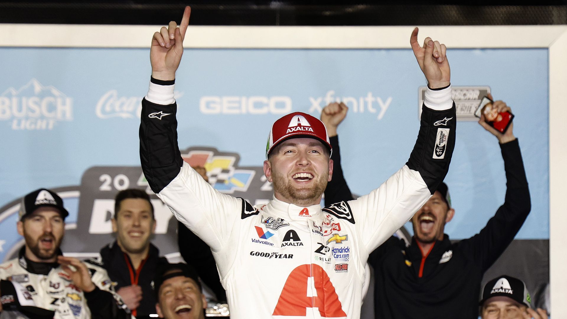 William Byron celebrates winning the Daytona 500 in victory lane. Photo: Chris Graythen/Getty Images)