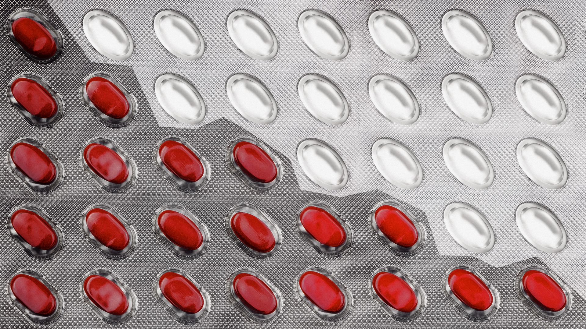 Illustration of a blister pack with pills in the style of a downward trending chart.