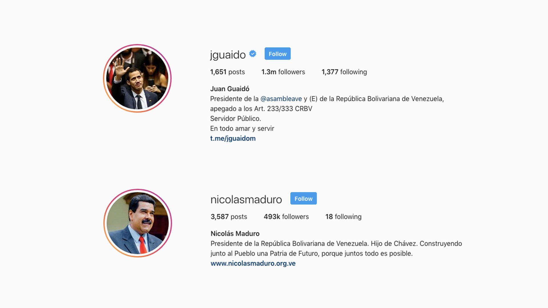 The Instagram profiles of Venezuelan President Nicolas Maduro and newly declared interim president Juan Gauido