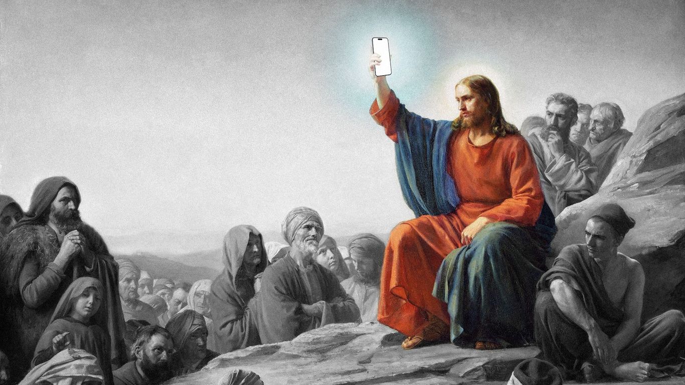 Photo illustration of Jesus holding a cell phone  in the painting "Sermon on the Mount" by Carl Bloch.