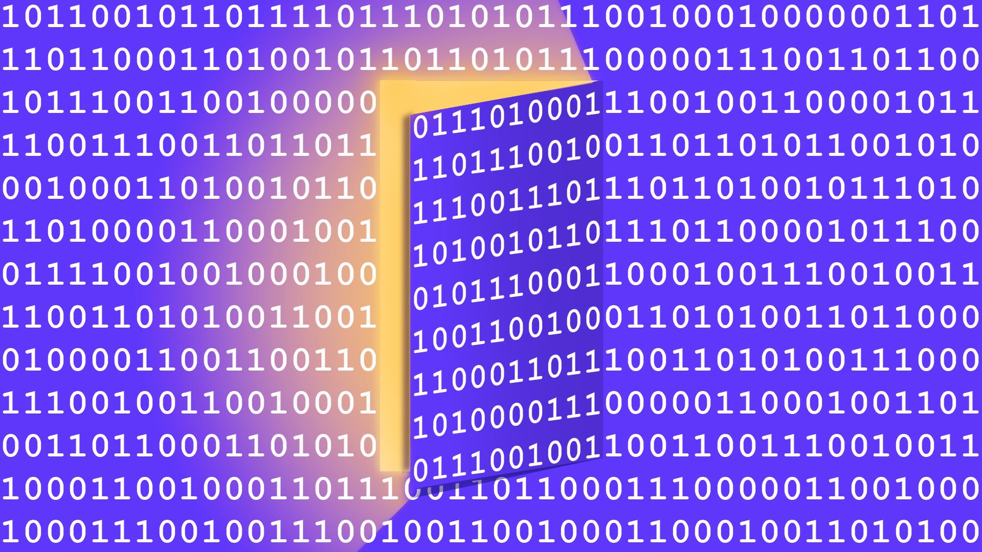 Illustration of a background of binary code with a door shape being cut out of the foreground and showing a light emitting from where it opened up. 