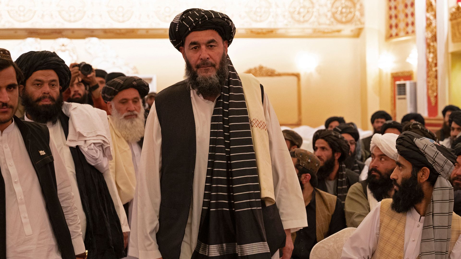 Bashar Noorzai (C), a warlord and Taliban associate attends press event at the Intercontinental Hotel in Kabul on September 19, 2022.